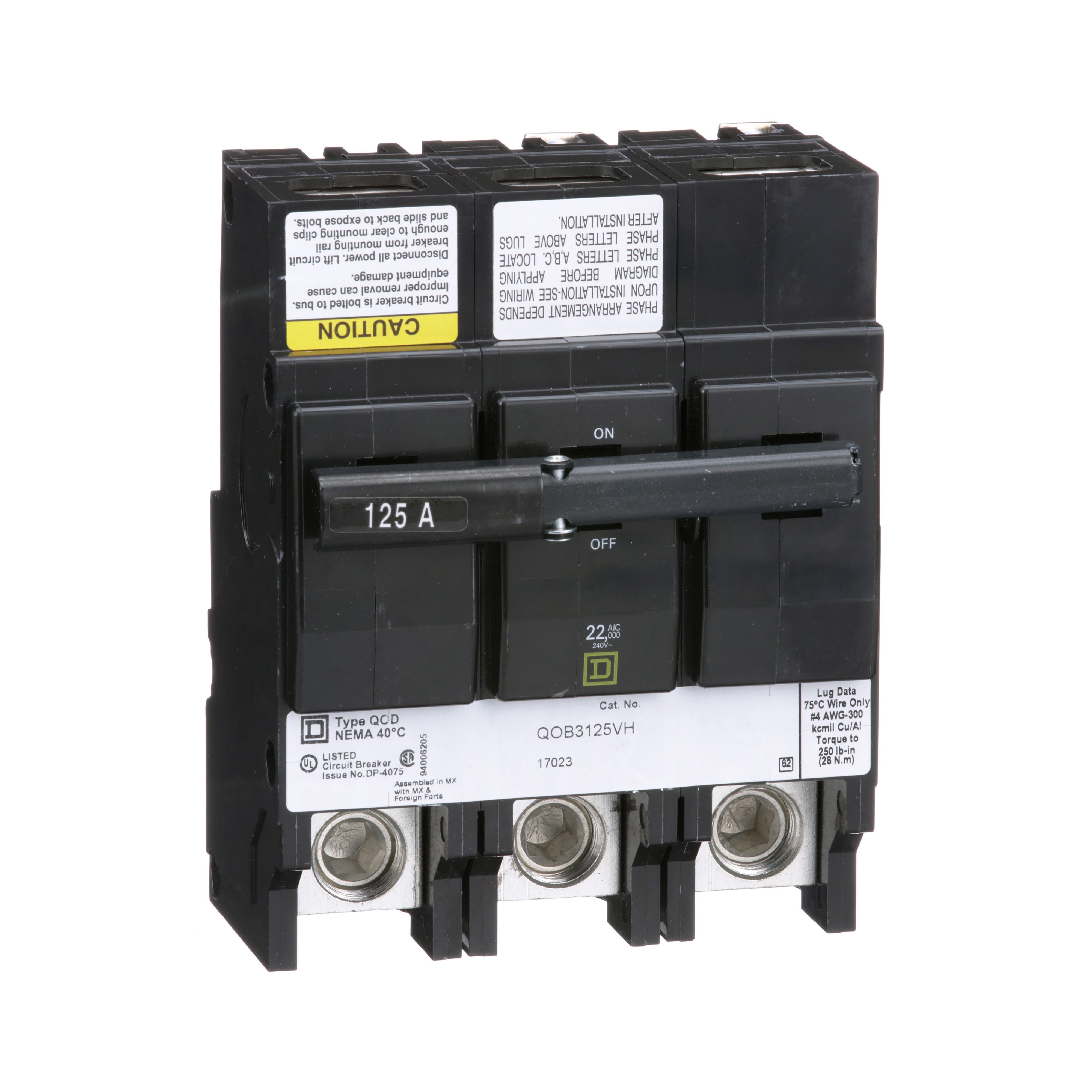 QOB3125VH - Mini circuit breaker, QO, 125A, 3 pole, 120/240VAC, 22kA, bolt on