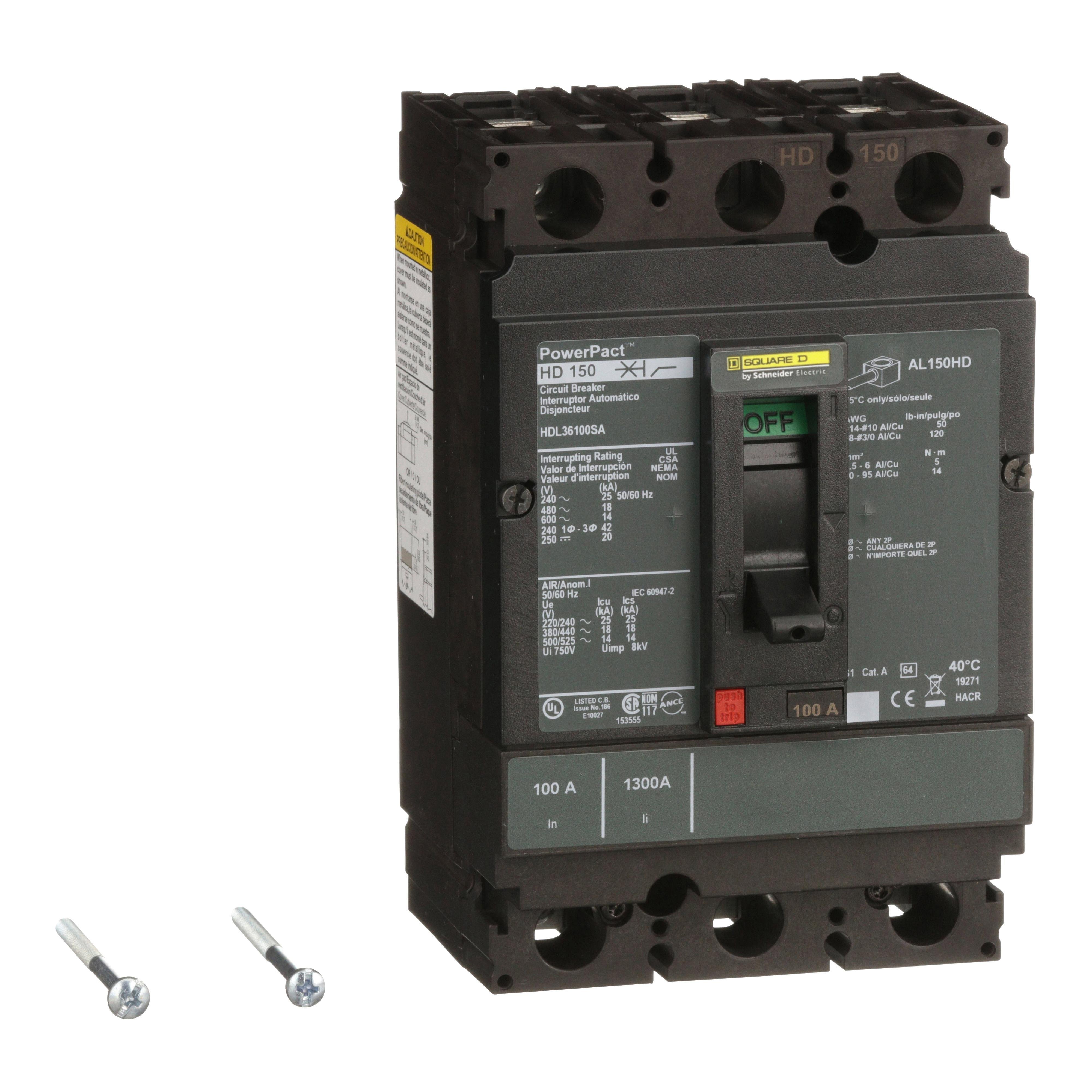 HDL36100SA - Circuit breaker, PowerPacT H, 100A, 3 pole, 600VAC, 14kA, lugs, thermal magnetic, 80%, shunt