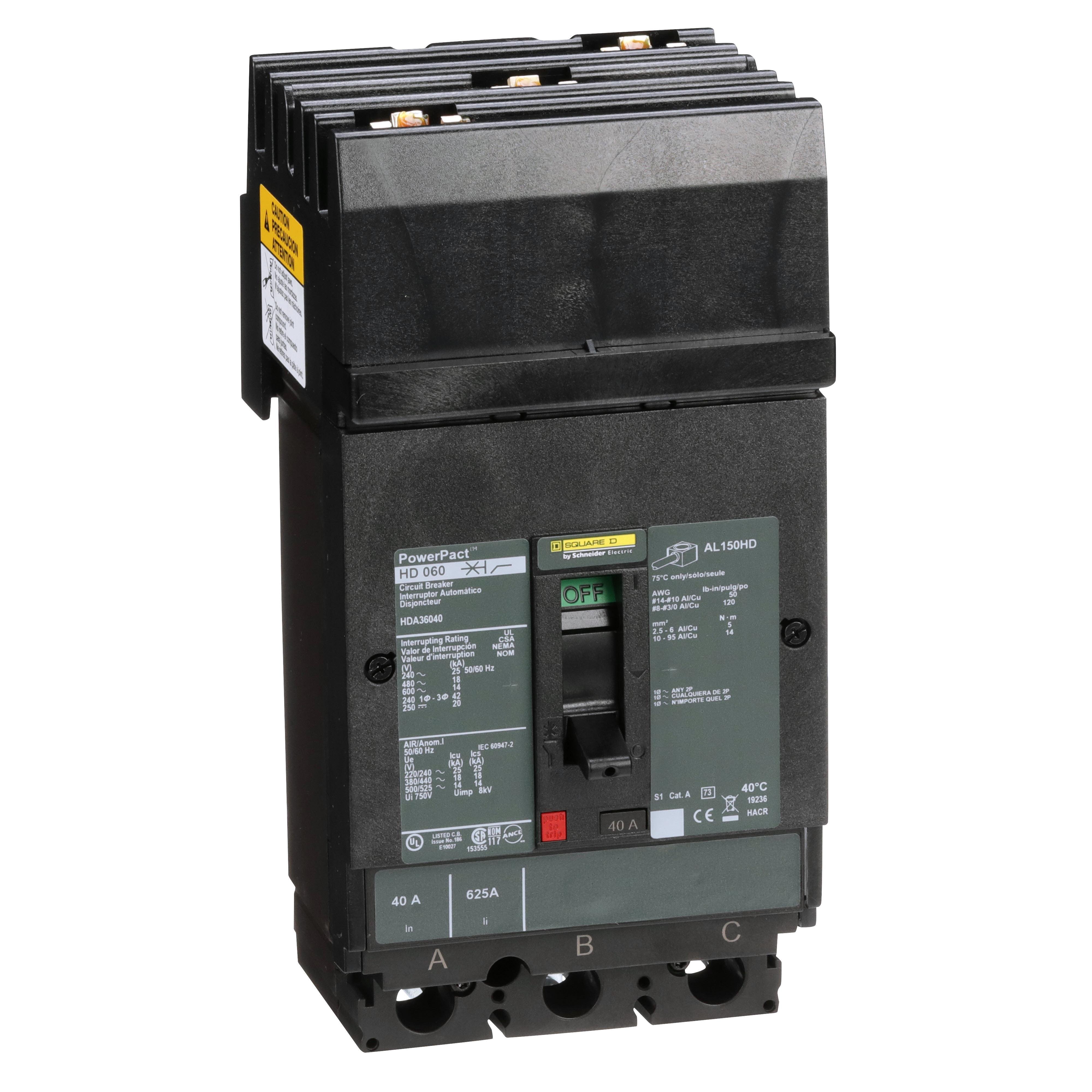HDA36040 - Circuit breaker, PowerPacT H, 40A, 3 pole, 600VAC, 14kA, I-Line, thermal magnetic, 80%, ABC