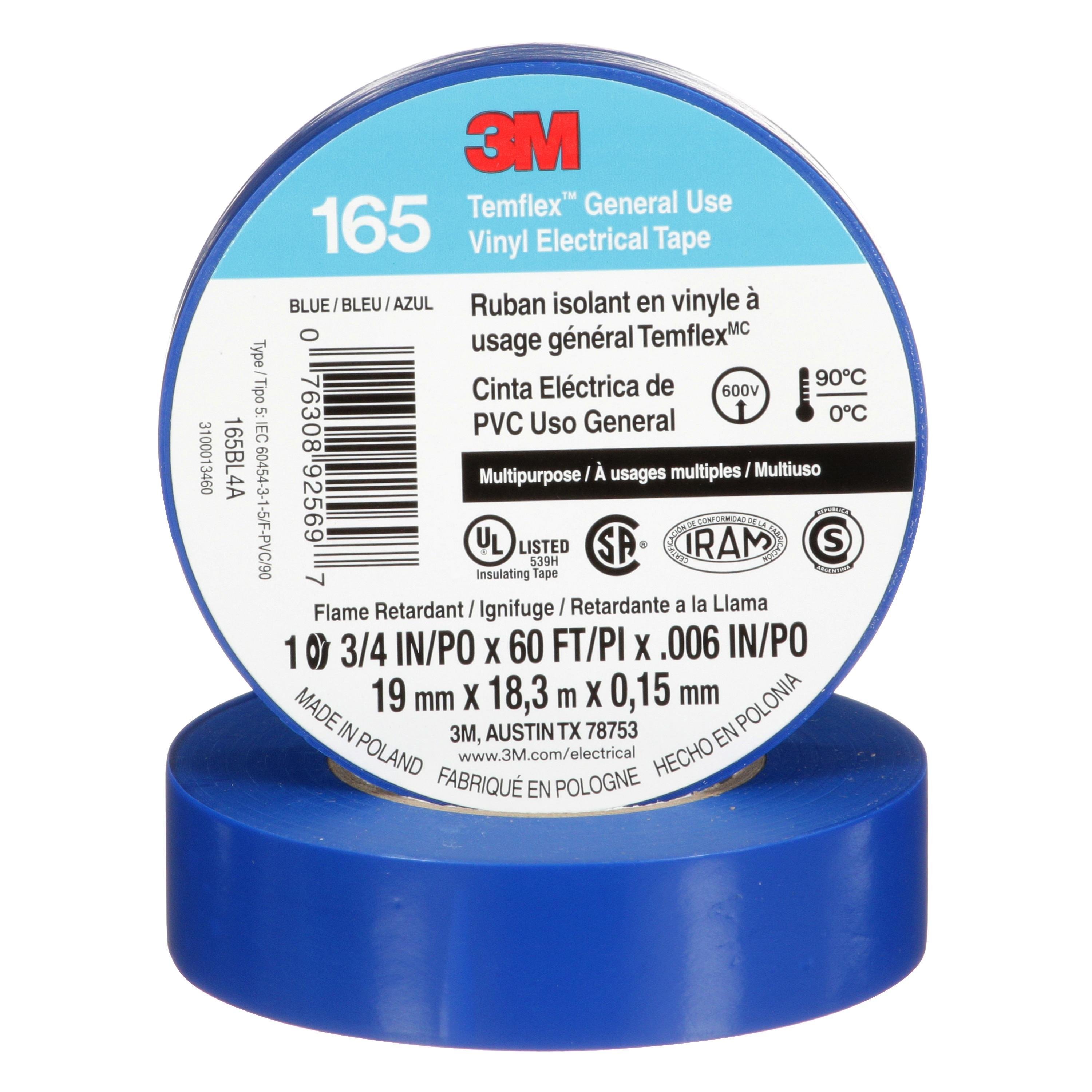 7100169429 - 3M™ Temflex™ Vinyl Electrical Tape 165, Blue, 3/4 in x 60 ft (19 mm x 18 m), 6 mil, 100 Rolls/Case
