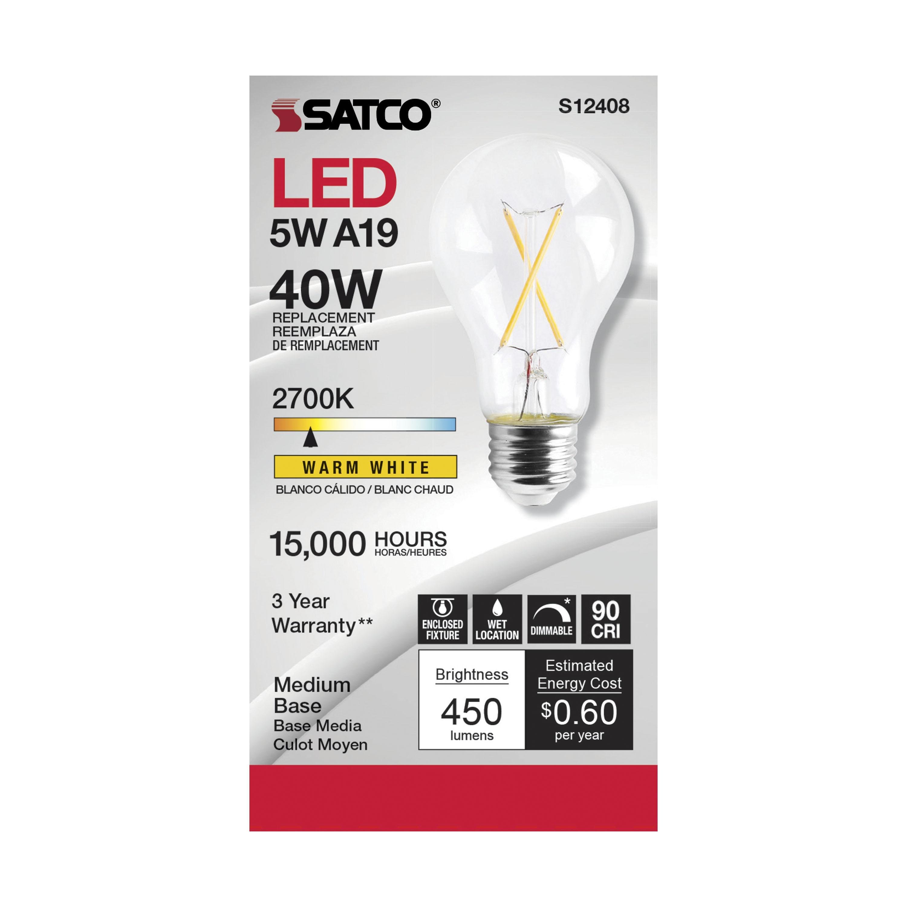 Picture of S12408 - 5 Watt LED A19 - Clear - Medium Base - 2700K - 90 CRI - 120 Volt