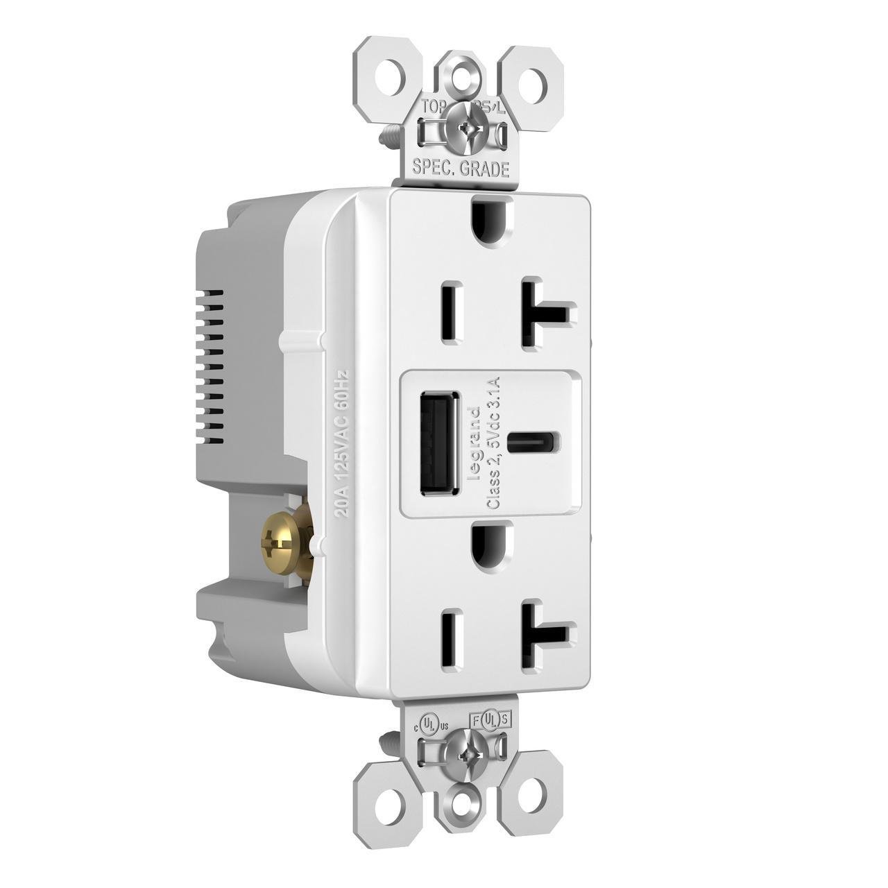 Picture of TR20USBACW - 20A 125V Tamper-Resistant Duplex Receptacle with USB A/C Charging Ports, White