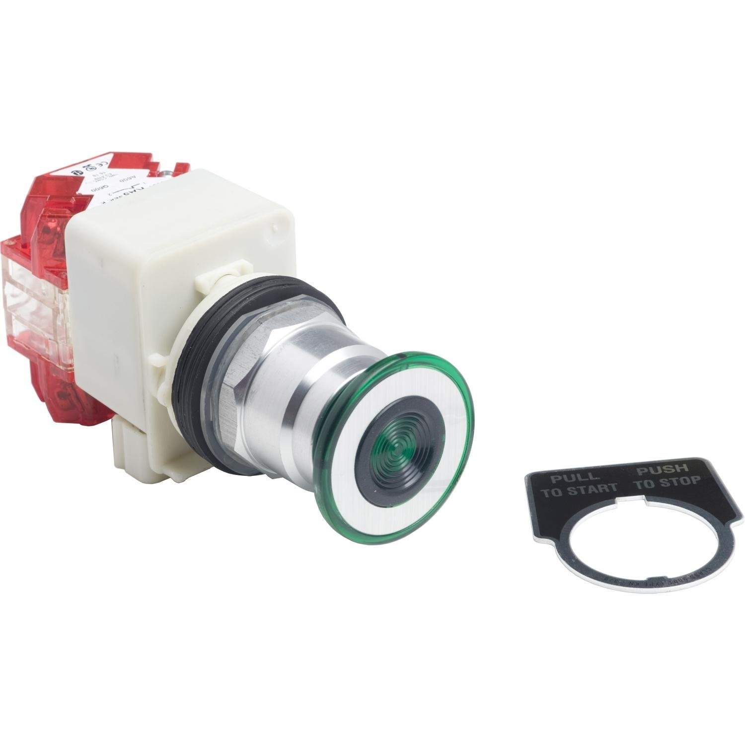 9001KR8P1GH25 - Push button, Harmony 9001K, metal, mushroom 41mm, green, 30mm, 3 positions, spring return, 110...120V, 1NC late + 1NC