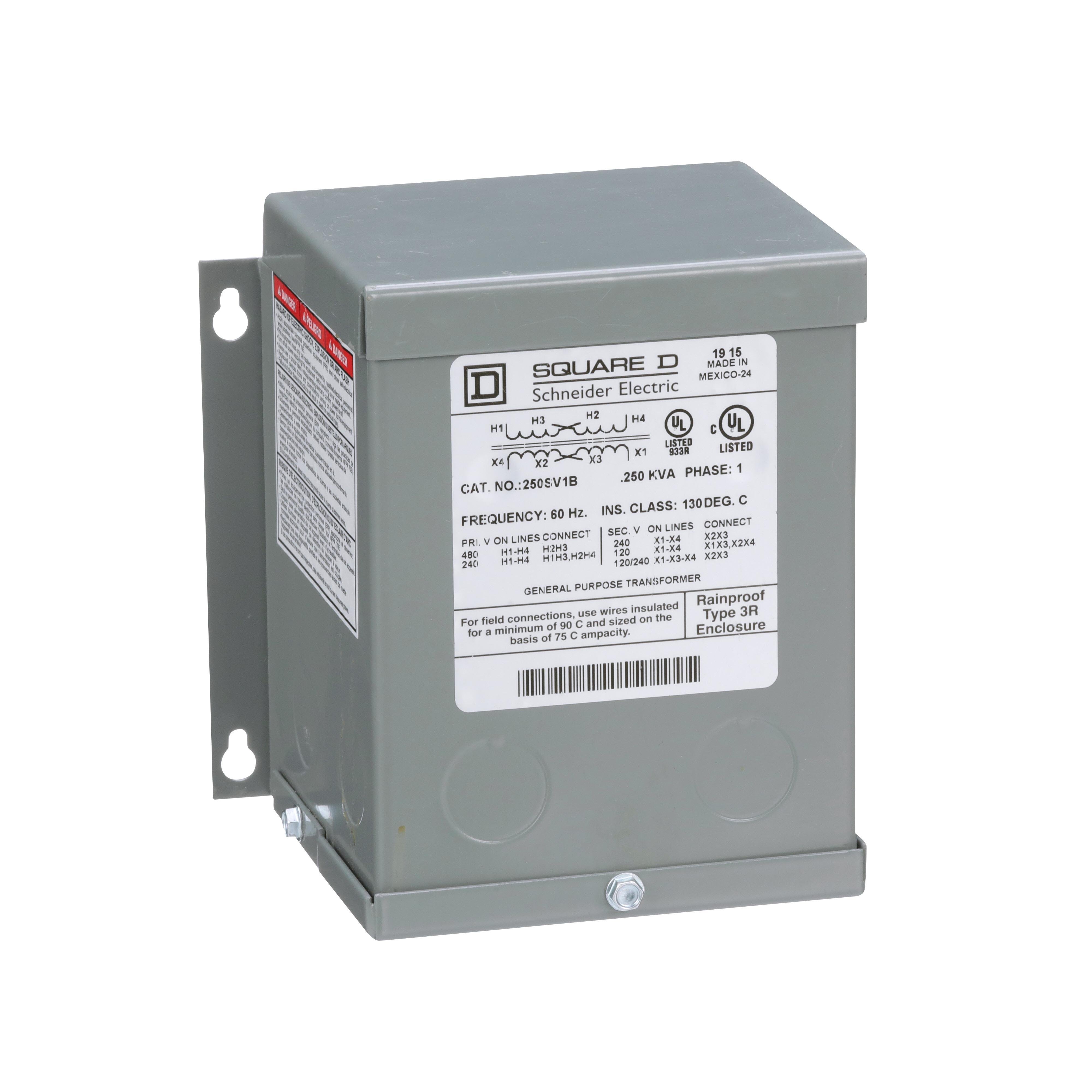 250SV1B - Transformer, dry type, encapsulated, 0.25kVA, 1 phase, 240x480V primary, 120/240V secondary, 4A, 55C rise [TAA]