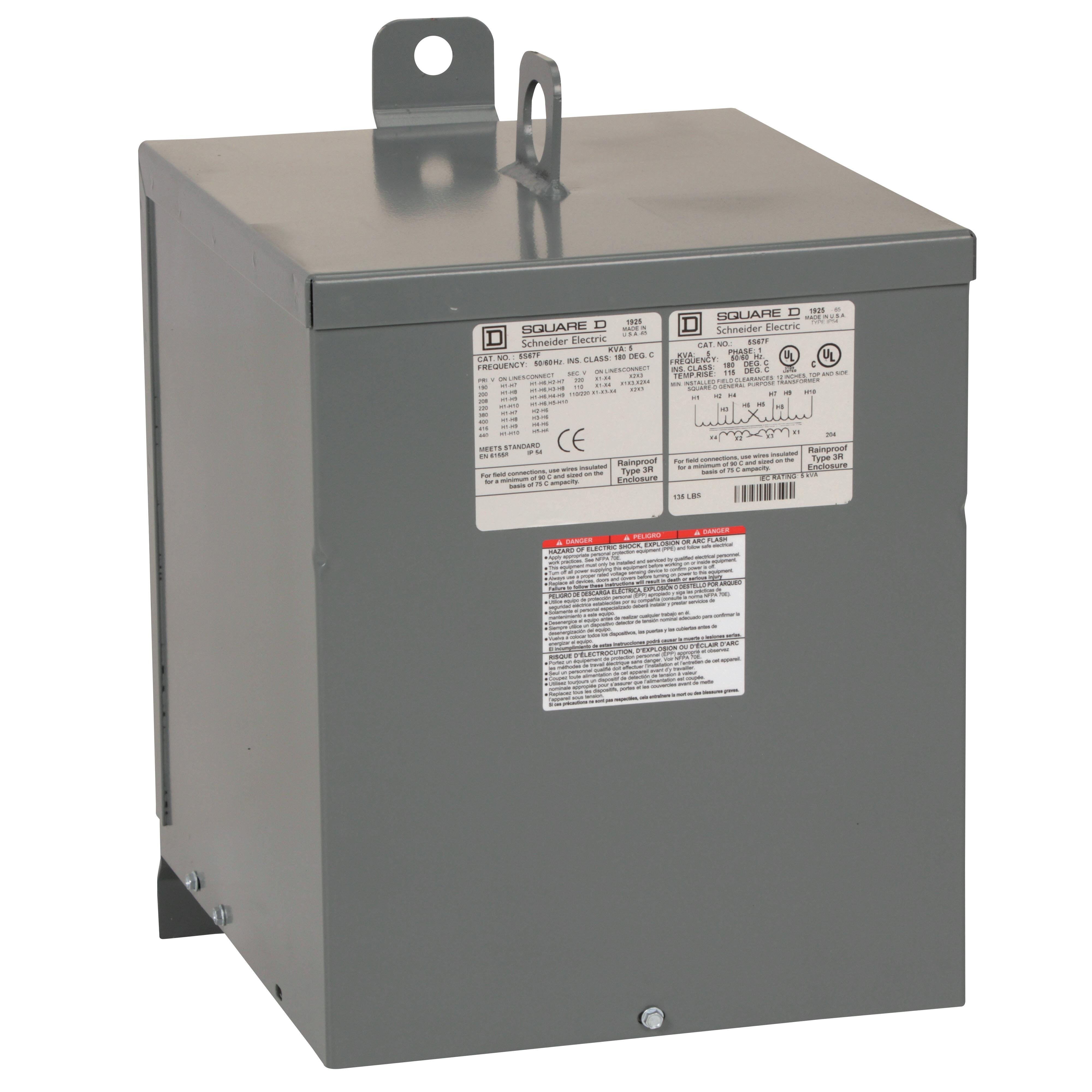 5S67F - Transformer, dry type, encapsulated, 5kVA, 1 phase, multiple voltages, 13B, 115C rise [TAA]