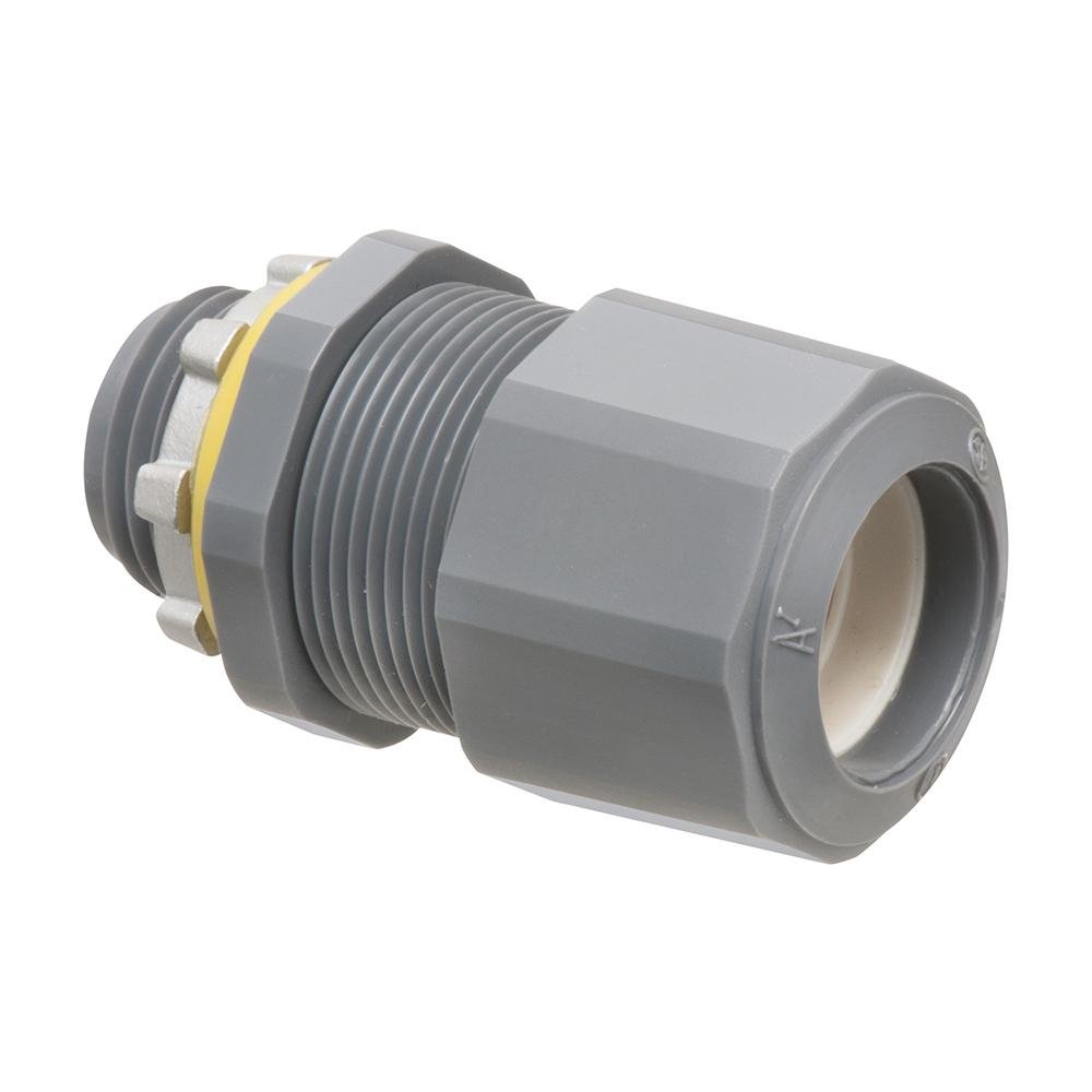 LPCG507 - Low-profile non-metallic, liquid-tight, oil-tight, and gray strain relief cord connector furnished with a sealing ring and locknut. Supports .385 to .600 cord range with a 1/2 inch trade size.