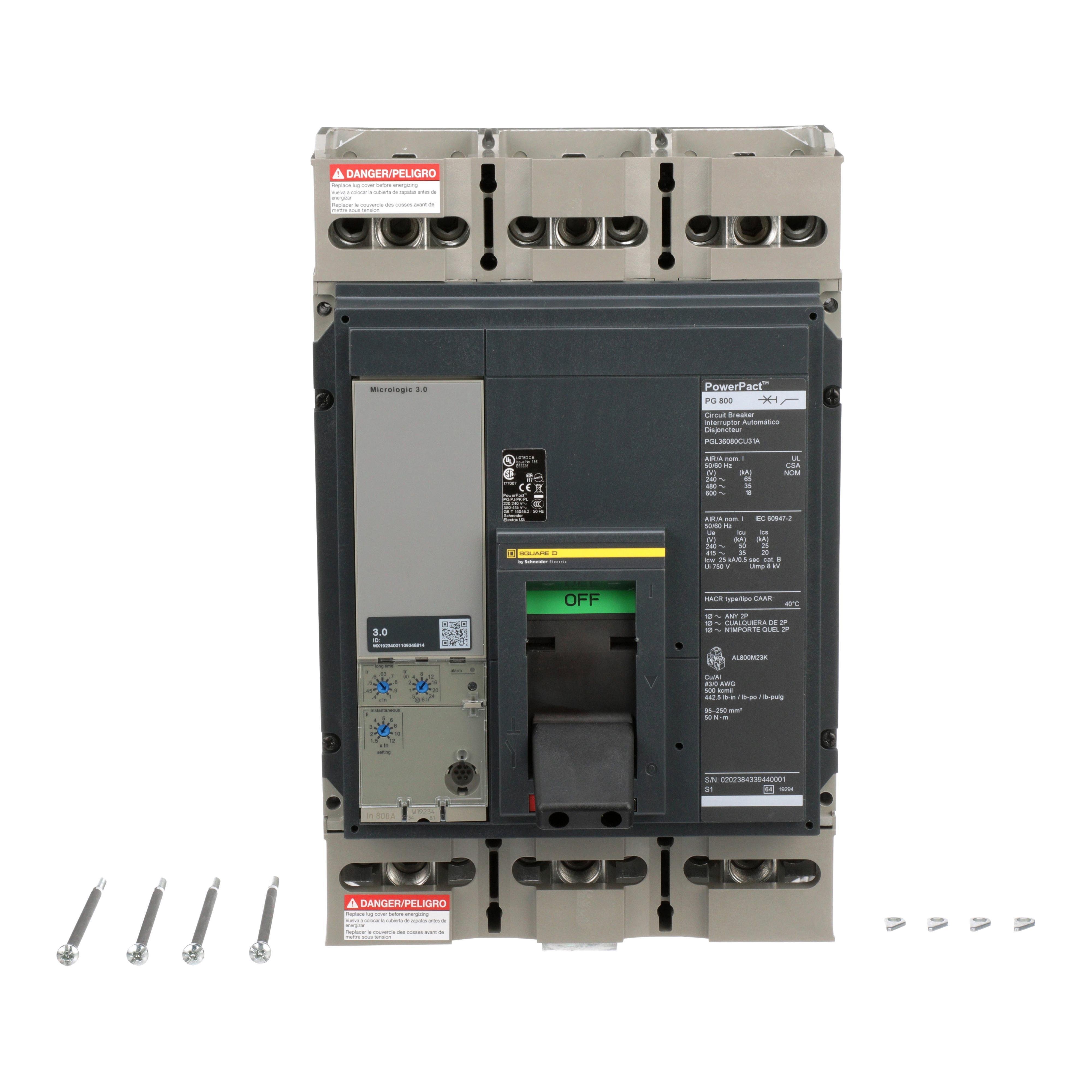 Picture of PGL36080CU31A - Circuit breaker, PowerPacT P, 800A, 3 pole, 600VAC, 18kA, lugs, Micrologic 3.0, 100%