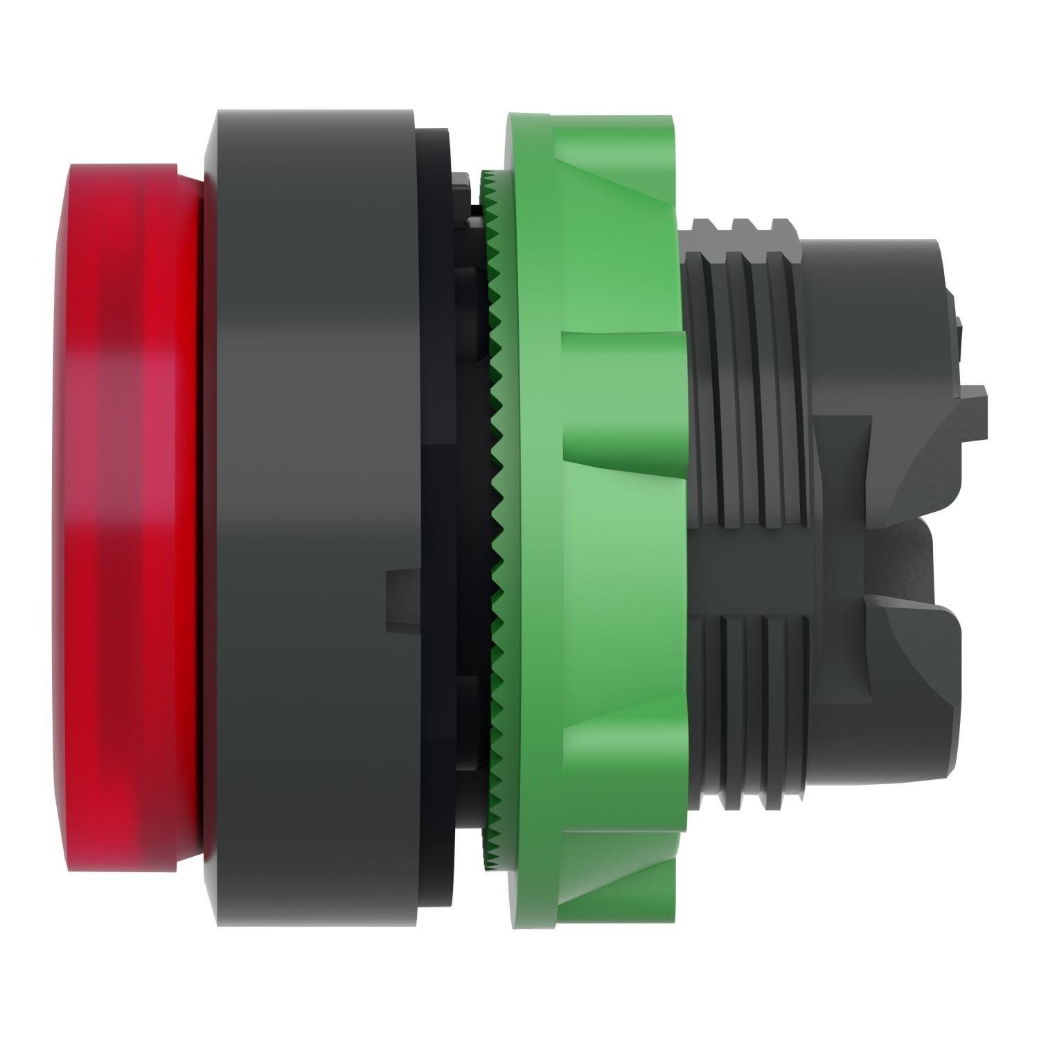 Picture of ZB5AW143 - Head for illuminated push button, Harmony XB5, plastic, red projecting, 22mm, universal LED, spring return, plain lens