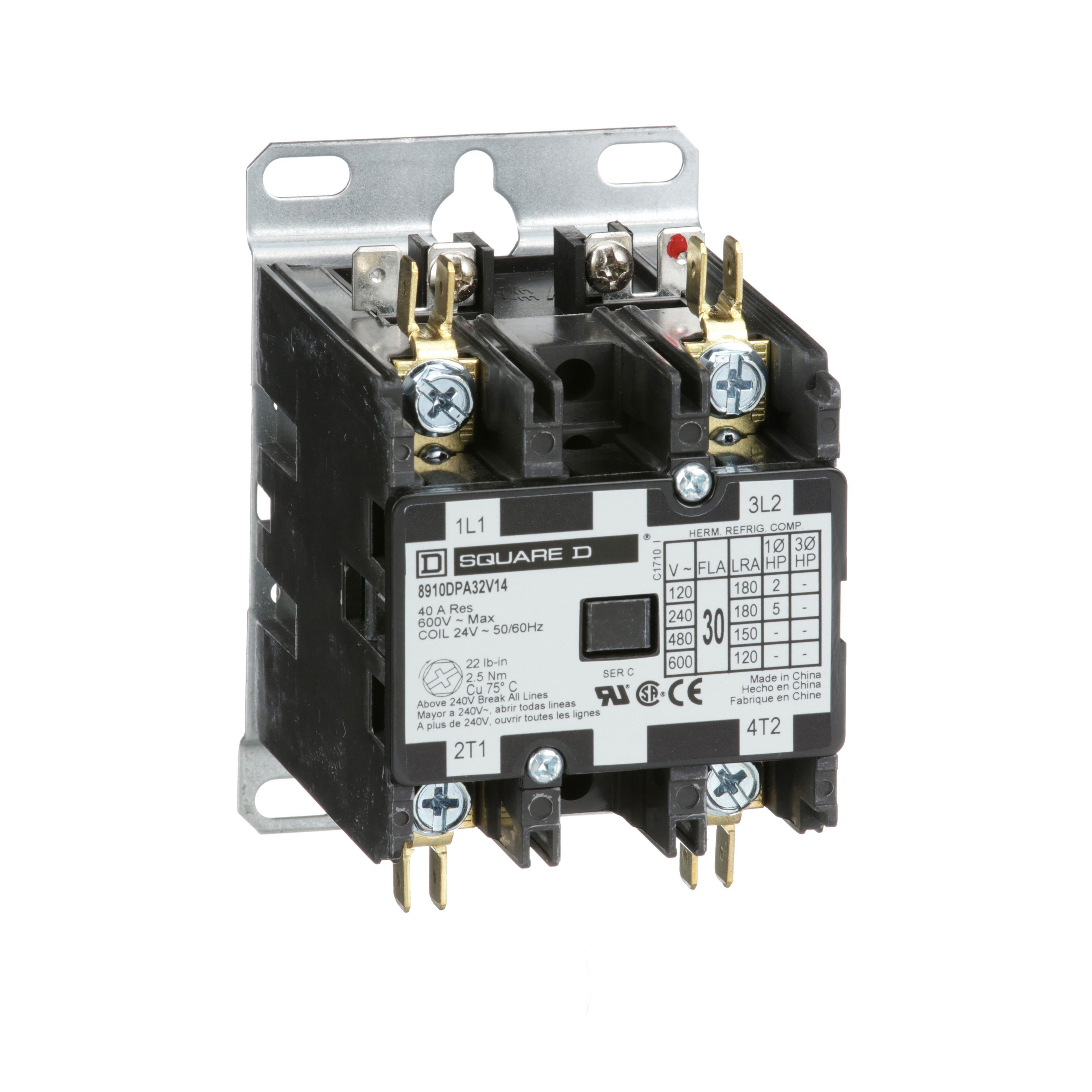8910DPA32V14 - Contactor, Definite Purpose, 30A, 2 pole, 5HP at 230VAC, 1 phase, 24VAC coil at 50/60Hz, open