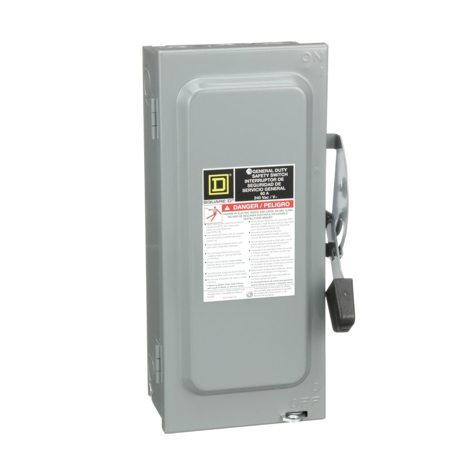 Picture of D222N - Safety switch, general duty, fusible, 60A, 2 pole, 15hp, 240VAC, NEMA 1, 3 wire, 1 neutral,