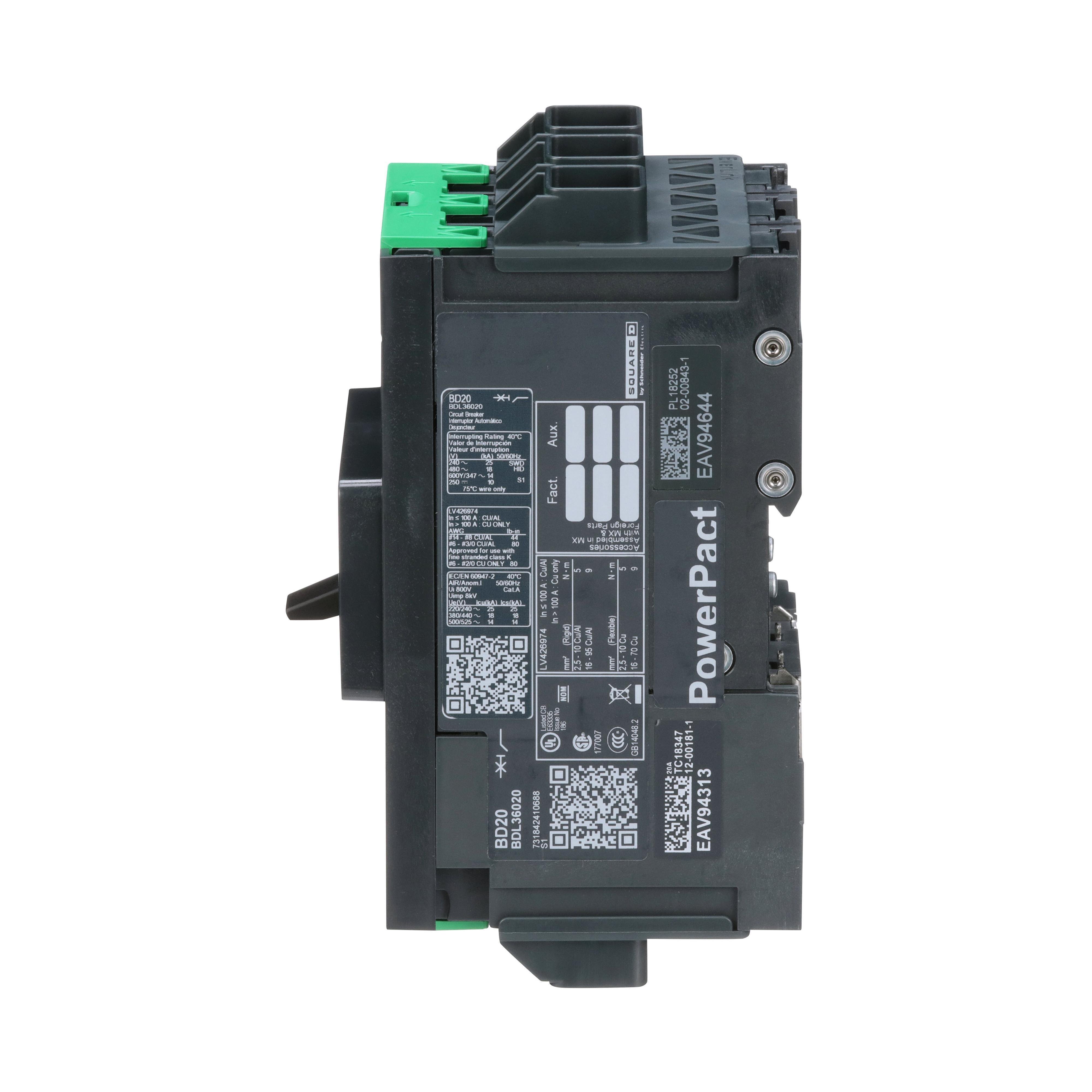 Picture of BDL36020 - Circuit breaker, PowerPacT B, 20A, 3 pole, 600Y/347VAC, 14kA, lugs, thermal magnetic, 80%