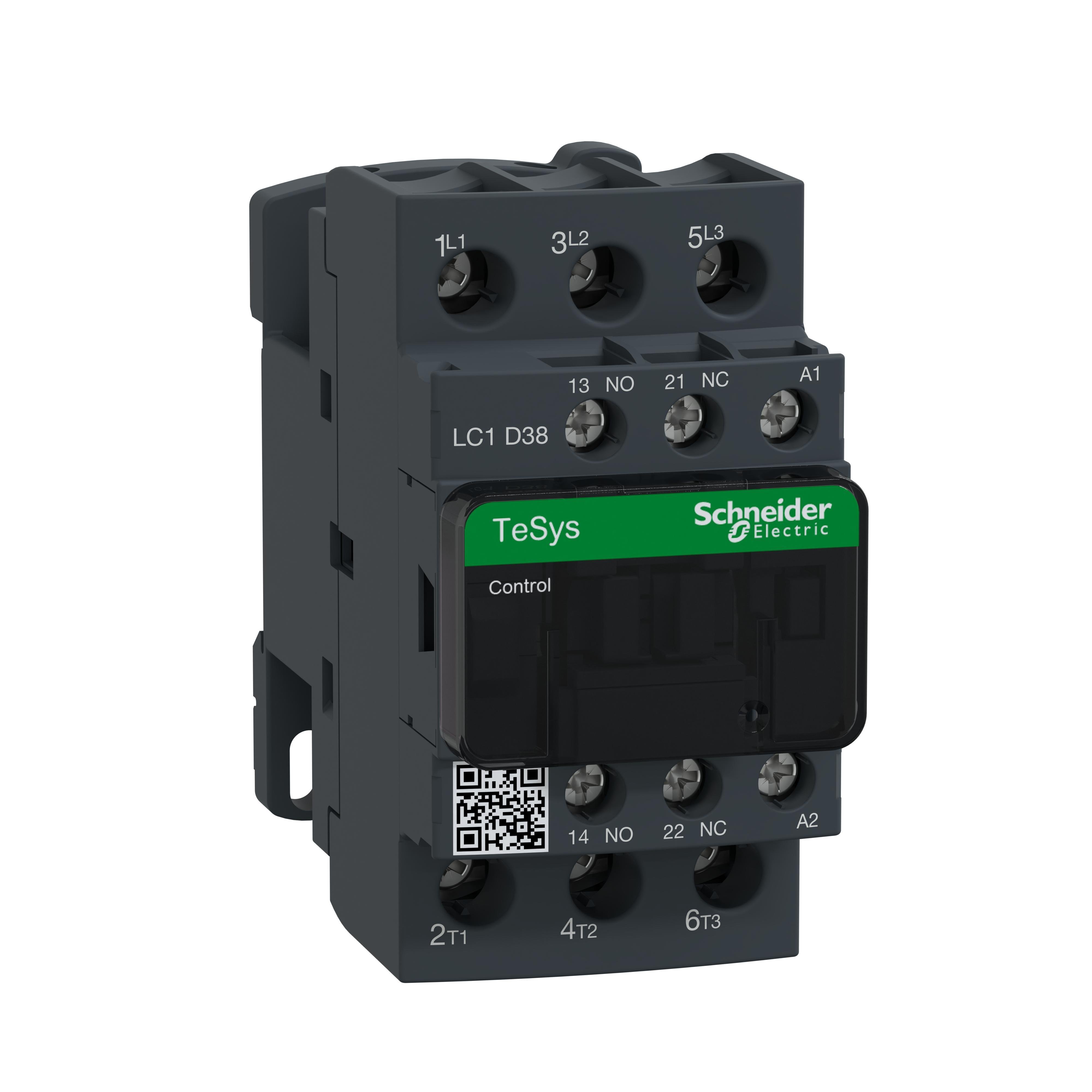 LC1D38F7 - IEC contactor, TeSys Deca, nonreversing, 38A, 20HP at 480VAC, up to 100kA SCCR, 3 phase, 3 NO, 110VAC 50/60Hz coil, open