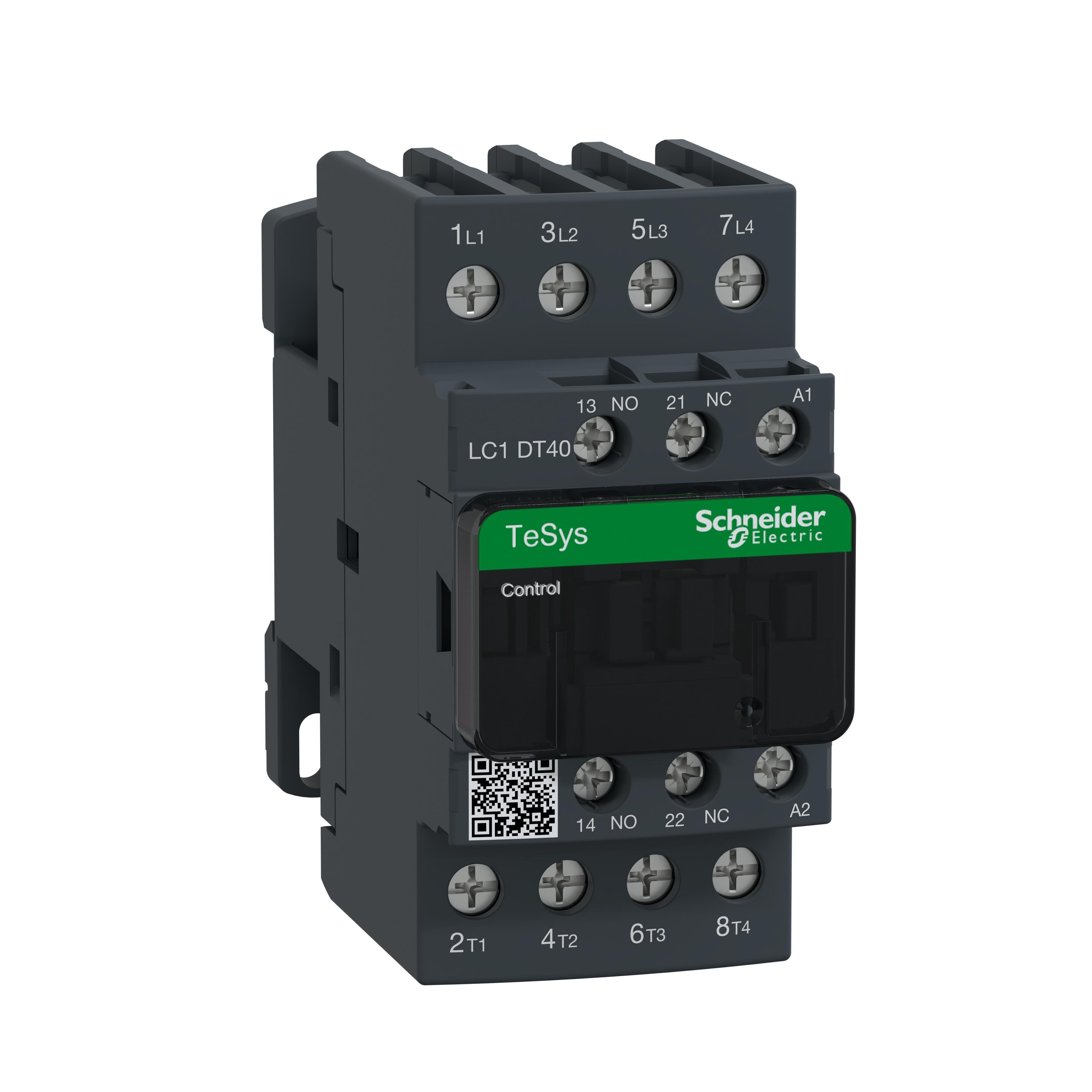 LC1DT40G7 - IEC contactor, TeSys Deca, nonreversing, 40A resistive, 4 pole, 4 NO, 120VAC 50/60Hz coil, open style