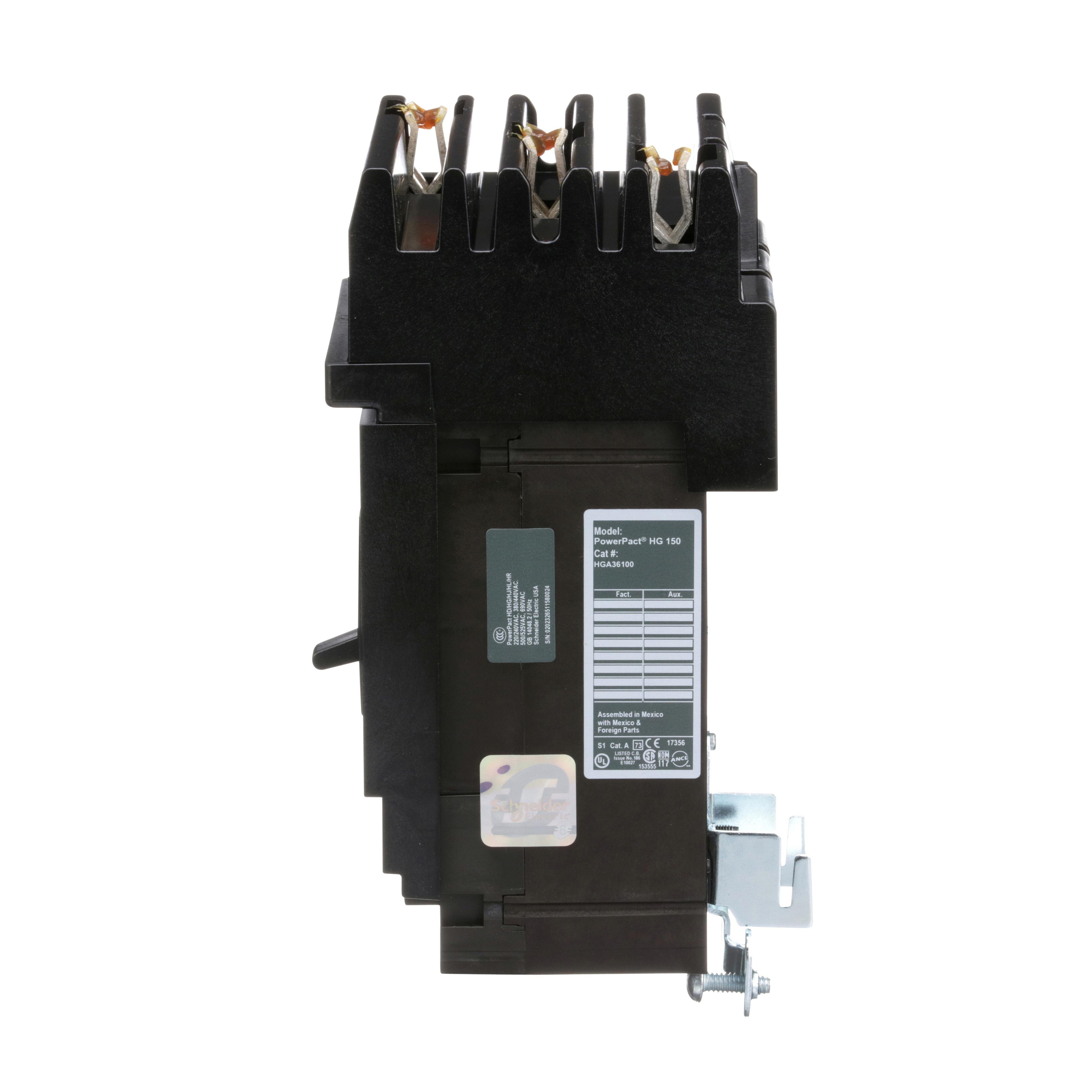 Picture of HGA36100 - Circuit breaker, PowerPacT H, 100A, 3 pole, 600VAC, 18kA, I-Line, thermal magnetic, 80%, ABC