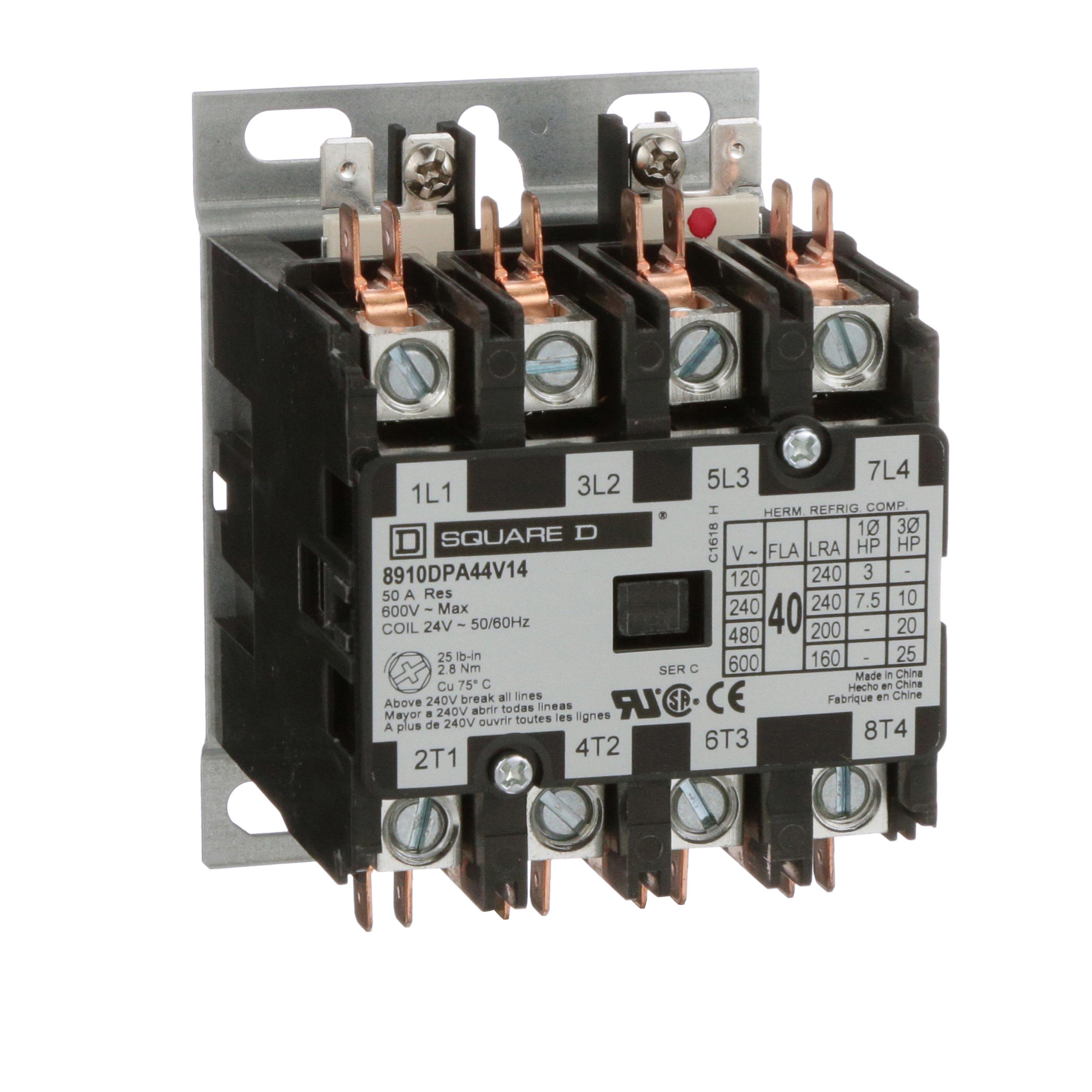 Picture of 8910DPA44V14 - Contactor, Definite Purpose, 40A, 4 pole, 25HP at 575VAC, 3 phase, 24/24VAC 50/60Hz coil, open