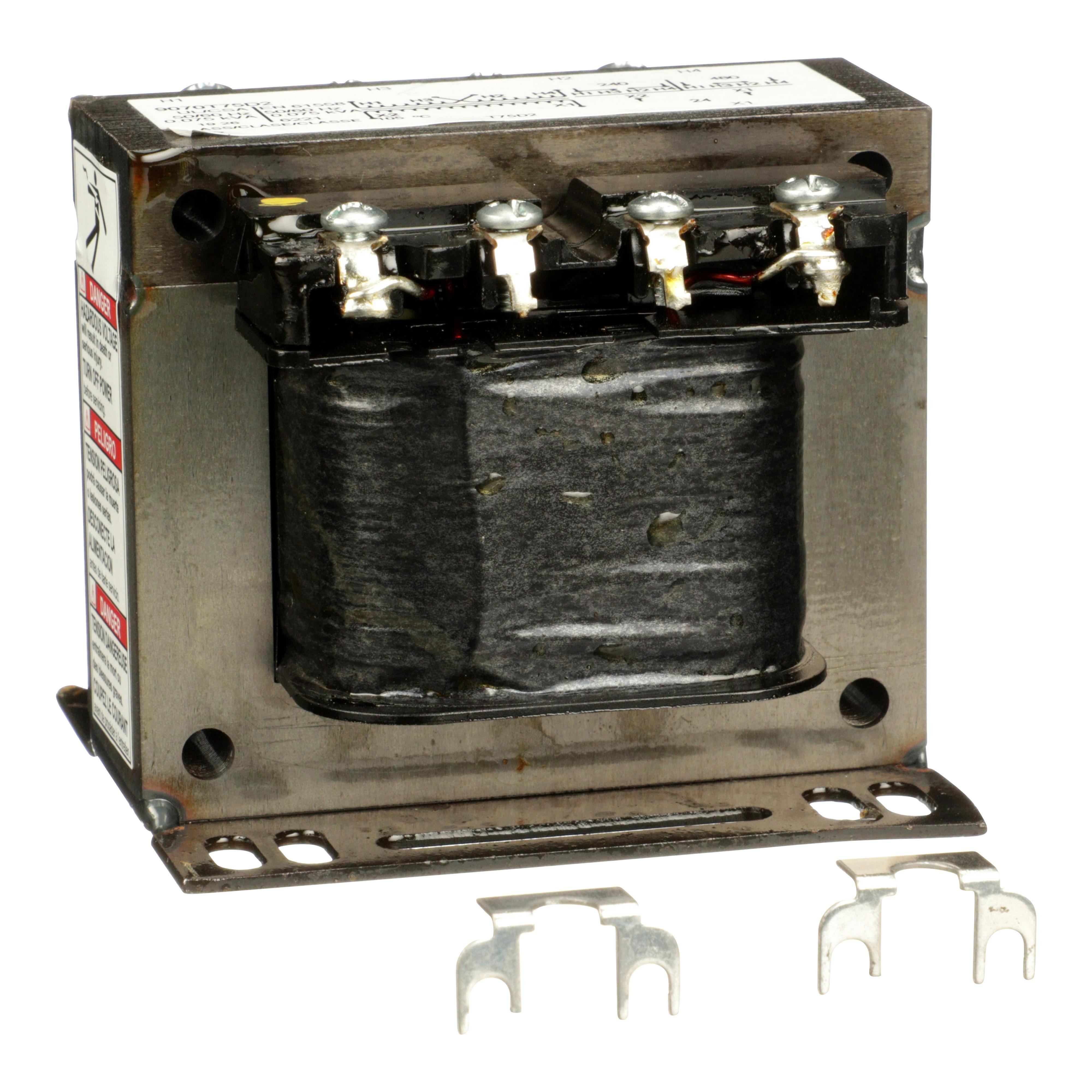 9070T75D2 - Transformer, Type T, industrial control, 75VA, 1 phase, 240x480V primary, 24V secondary, 55C rise