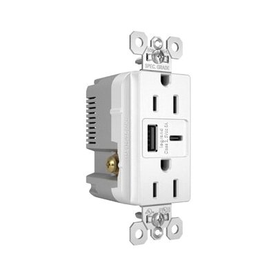 TR15USBAC6W - 15A 125V Tamper-Resistant Duplex Receptacle with USB A/C Fast Charging Ports, White