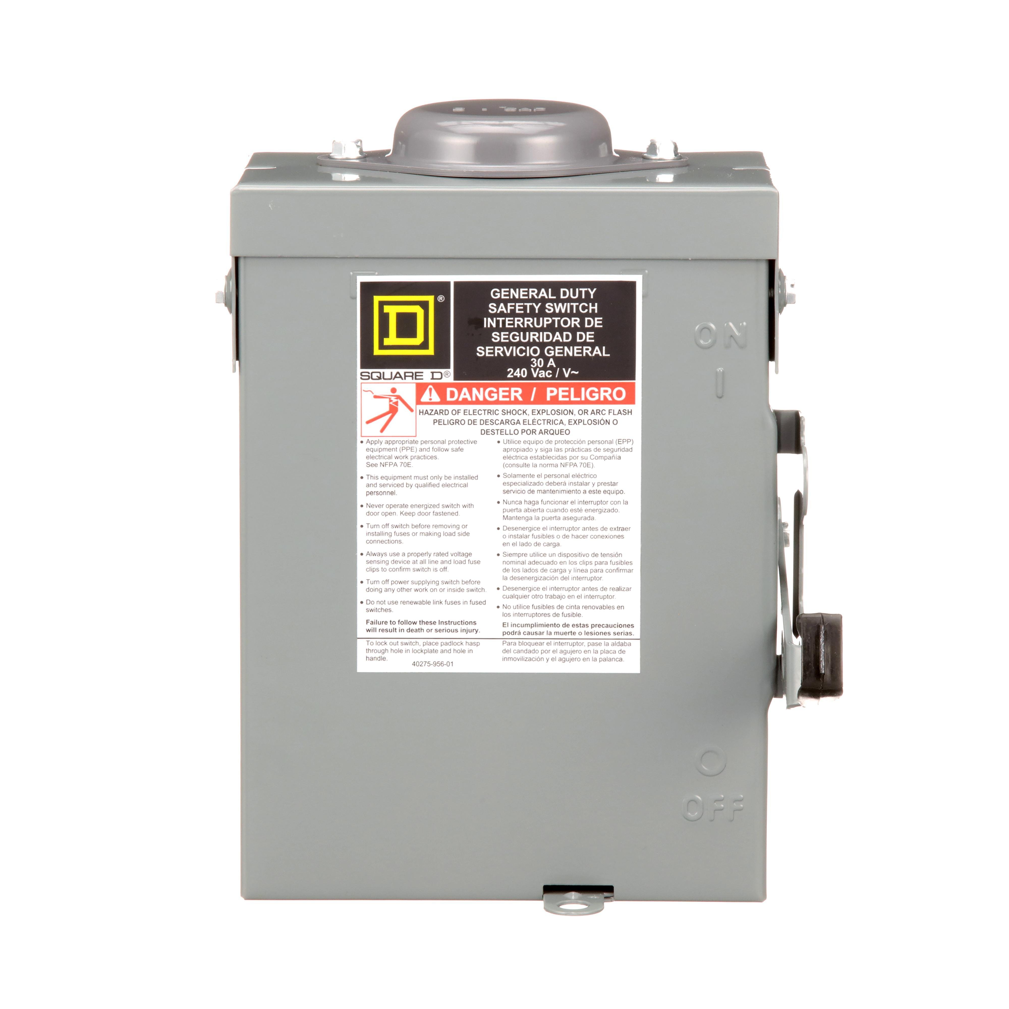 Picture of D221NRB - Safety switch, general duty, fusible, 30A, 2 pole, 7.5hp, 240VAC, NEMA 3R, bolt on provision, neutral factory installed