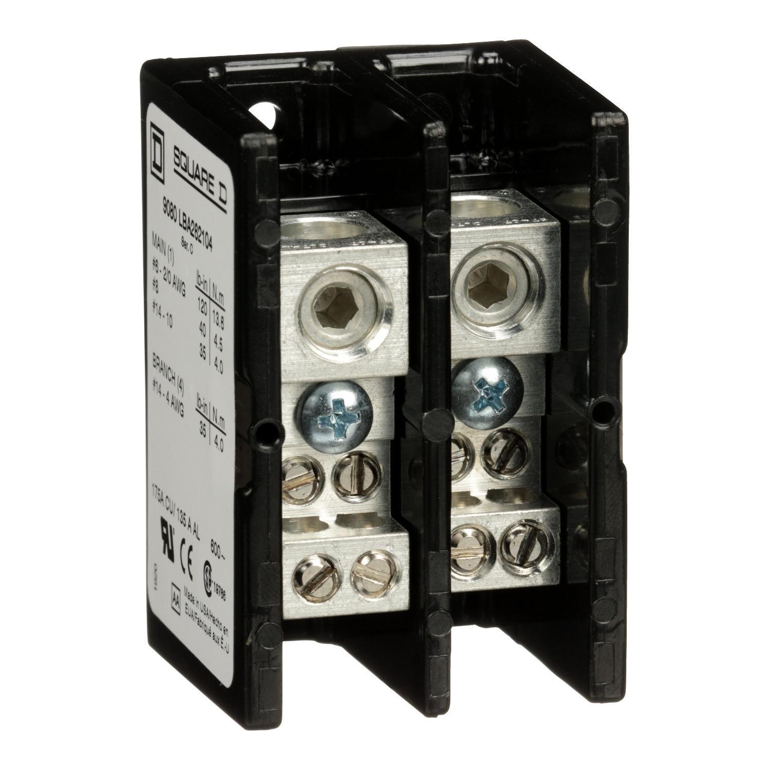 Picture of 9080LBA262104 - Power distribution block, Linergy, 2 pole, 1 line, 4 load, 175A CU, 135A AL, 600 V