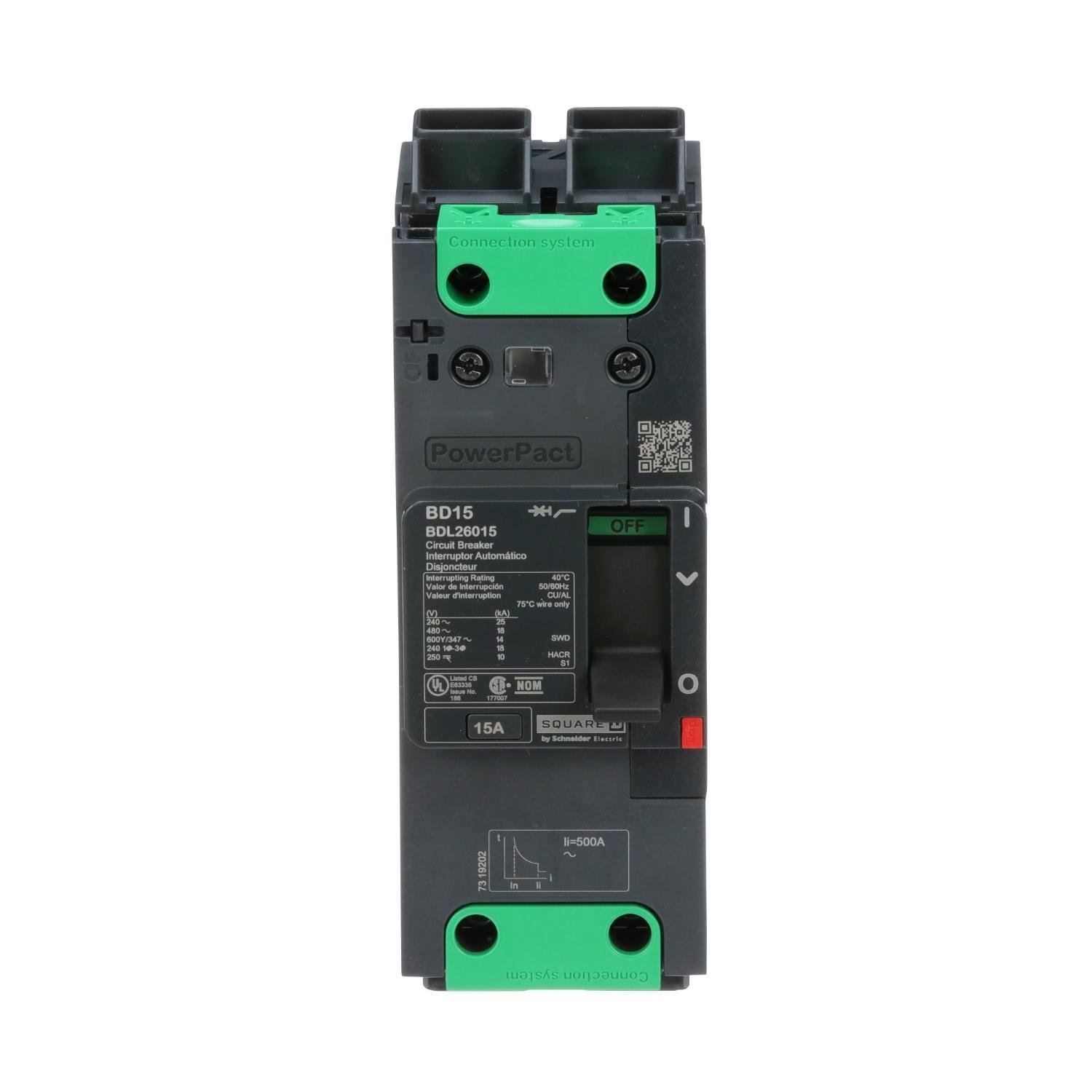 BDL26015 - Circuit breaker, PowerPacT B, 15A, 2 pole, 600Y/347VAC, 14kA, lugs, thermal magnetic, 80%