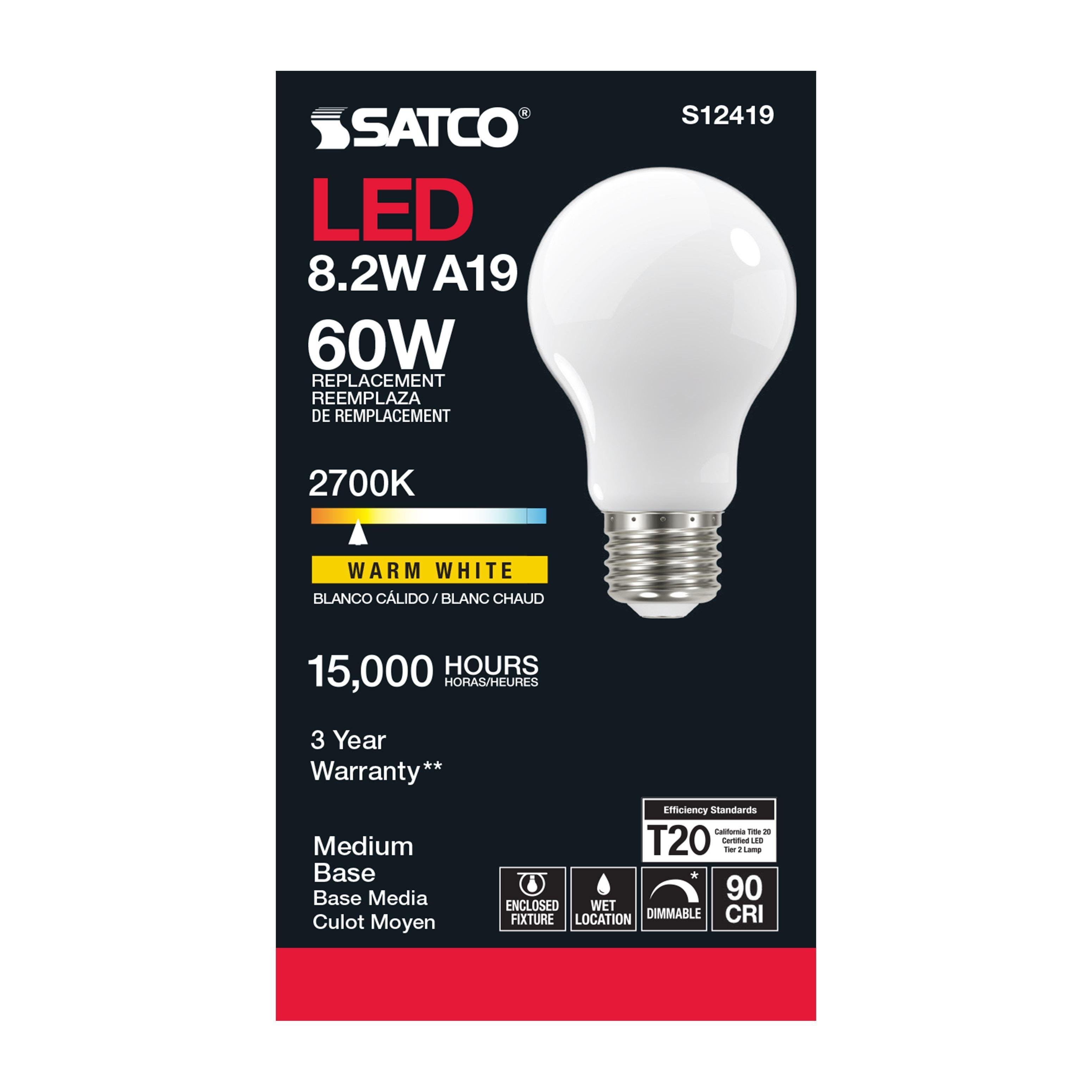 Picture of S12419 - 8.2 Watt LED A19 - Soft White - Medium Base - 2700K - 90 CRI - 120 Volt