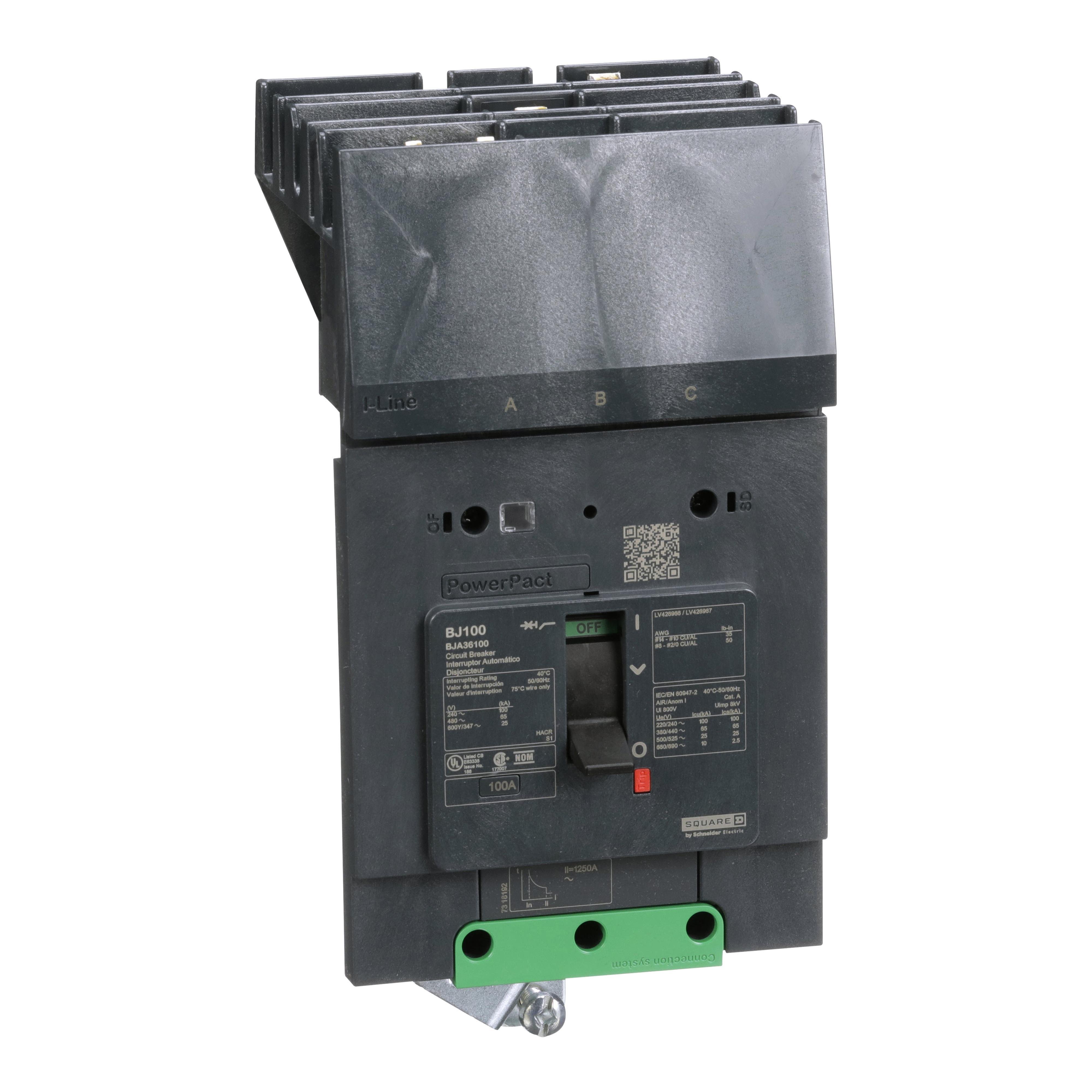BJA36100 - Circuit breaker, PowerPacT B, 100A, 3 pole, 600Y/347VAC, 25kA, I-Line, thermal magnetic, 80%, ABC