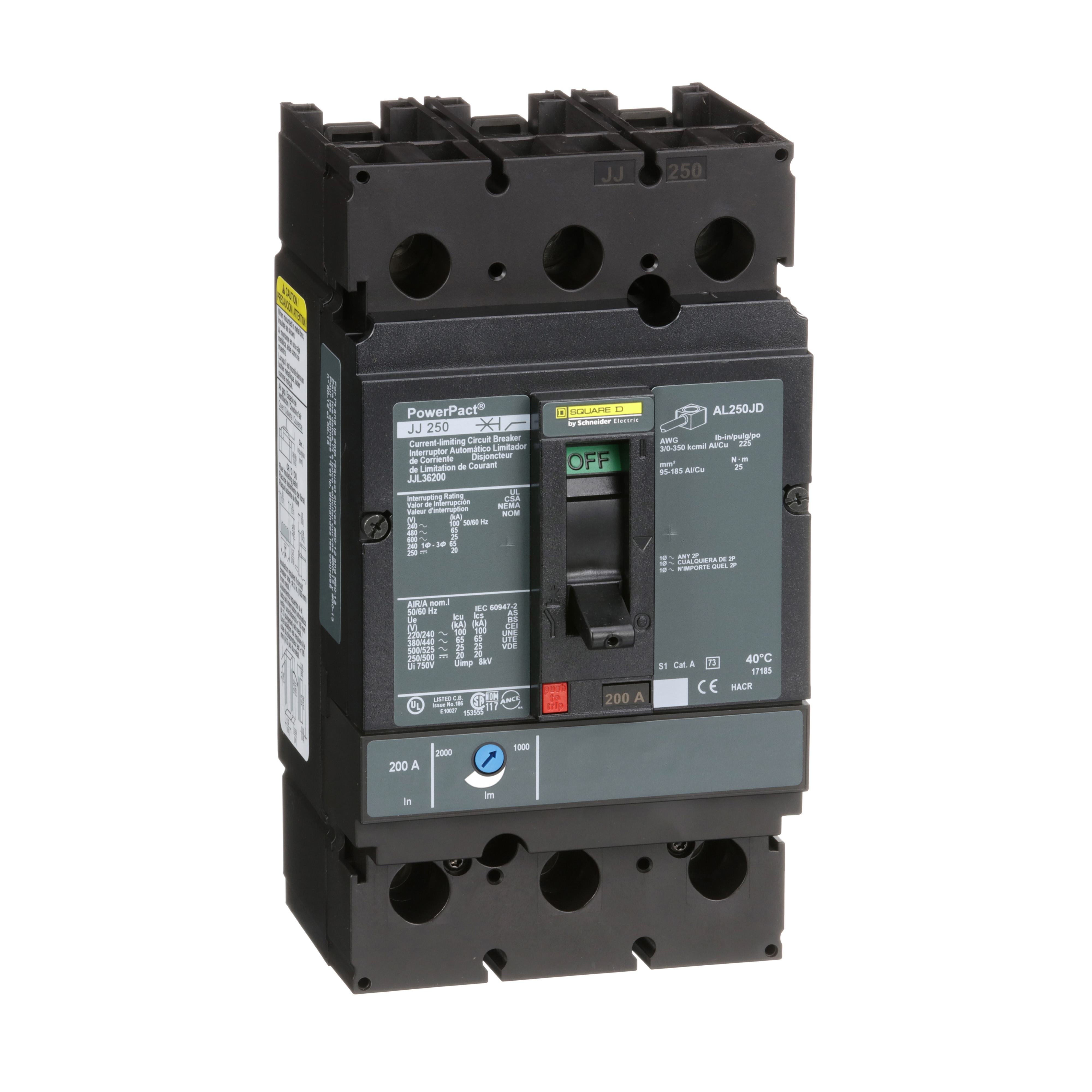 JJL36200 - Circuit breaker, PowerPacT J, 200A, 3 pole, 600VAC, 25kA, lugs, thermal magnetic, 80%