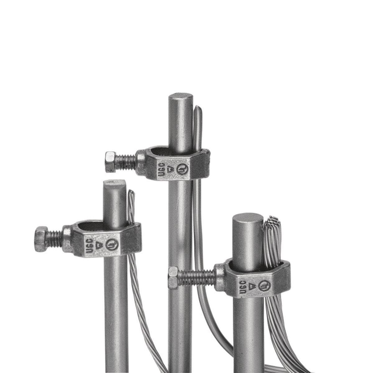 GCRT1/0 - Mechanical Ground Connector, Cable to Rod or Rebar, 10AWG to 1/0 AWG conductor, 1/2 IN-3/4 IN Ground Rod, and #3-#5 Rebar