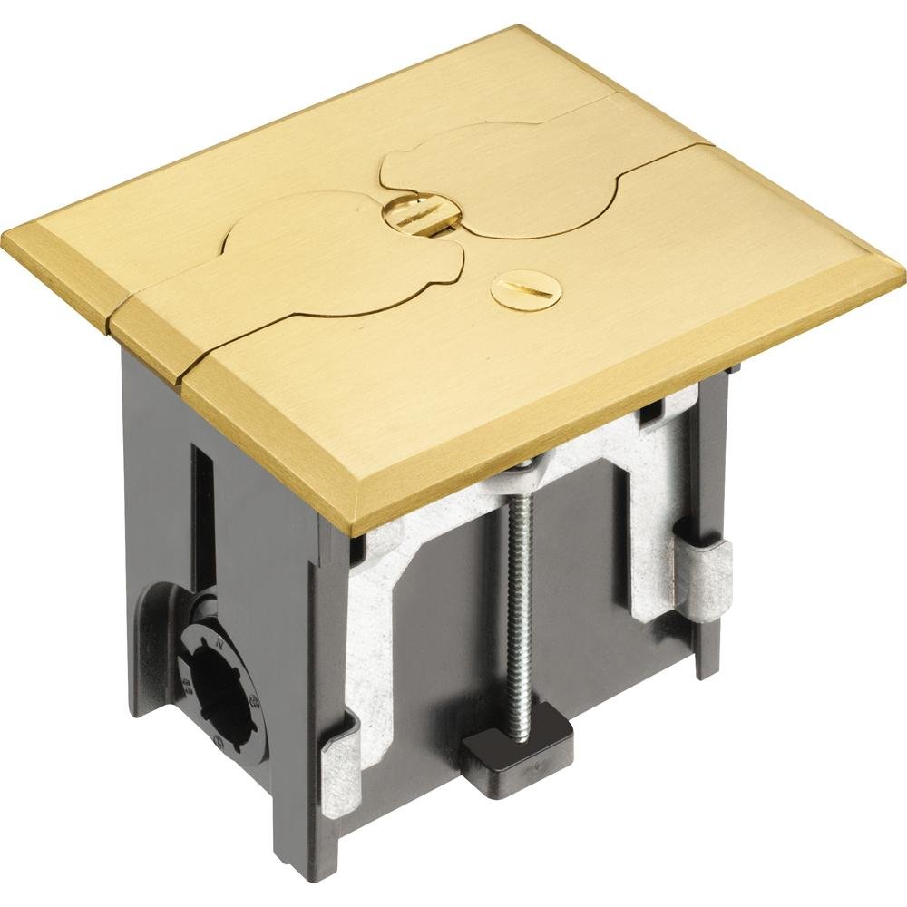 FLBAF101MB - Metallic adjustable floor box. Brass with flip lids. Includes tamper resistant duplex receptacle, cover plate with gasket and Arlington NM94 connector and Arlington NM900 knockout plug.