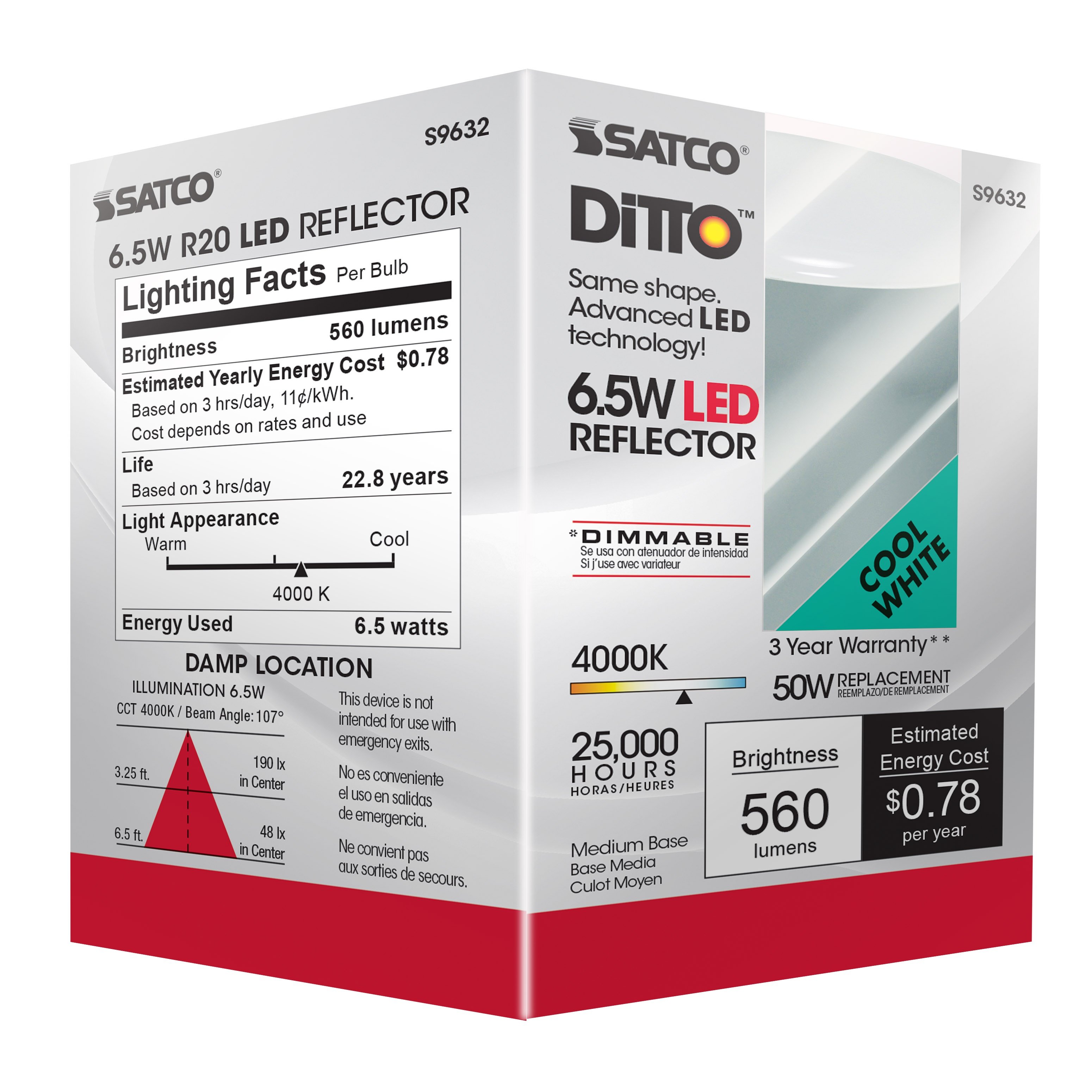 Picture of S9632 - 6.5 Watt - LED R20 - 4000K - 107 deg. Beam Angle - Medium base - 120 Volt - Dimmable