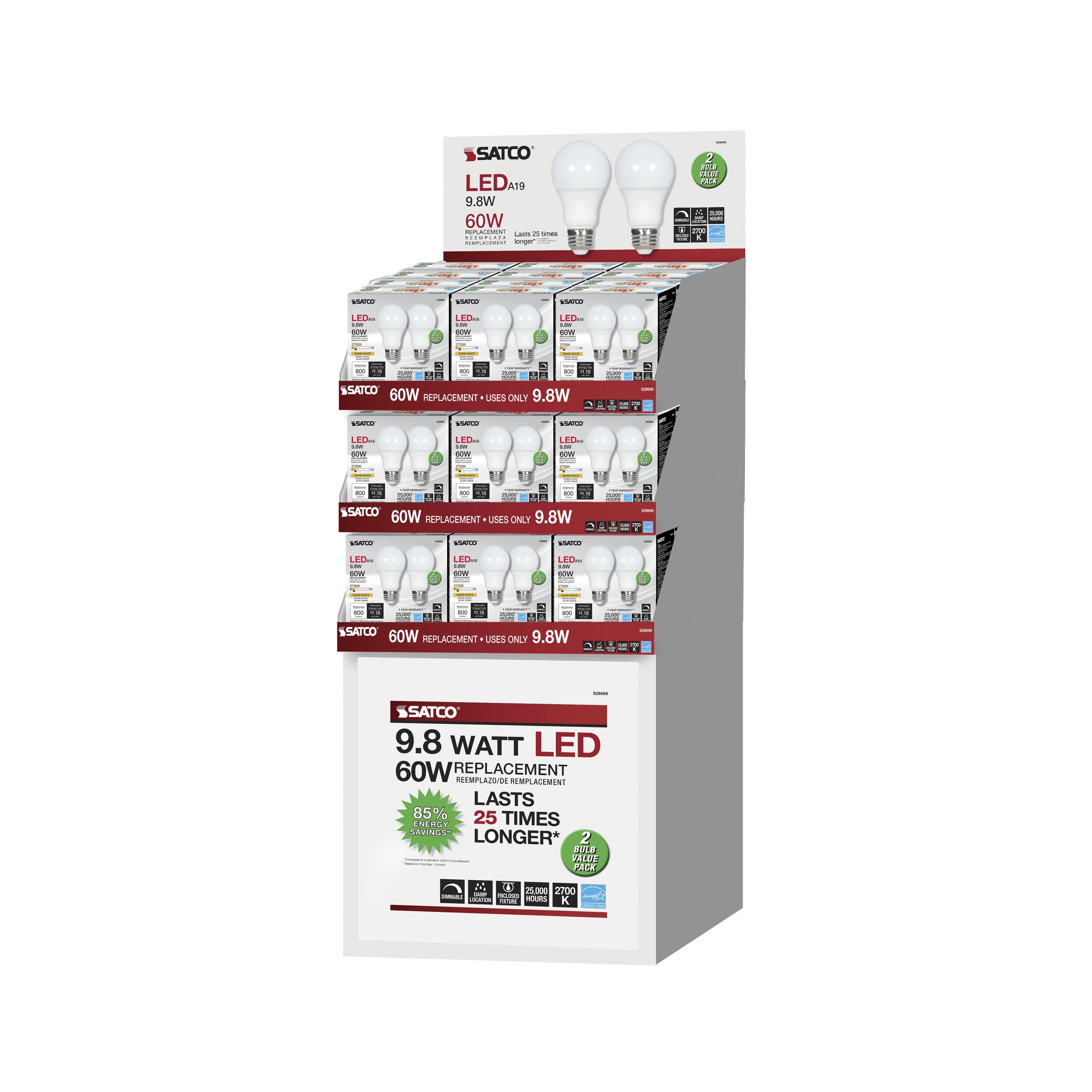 Picture of S29699 - 9.8 Watt - A19 LED - Medium base - 2700K - Frosted - 220 deg. Beam Angle - 120 Volt - 2-Pack Display Pack