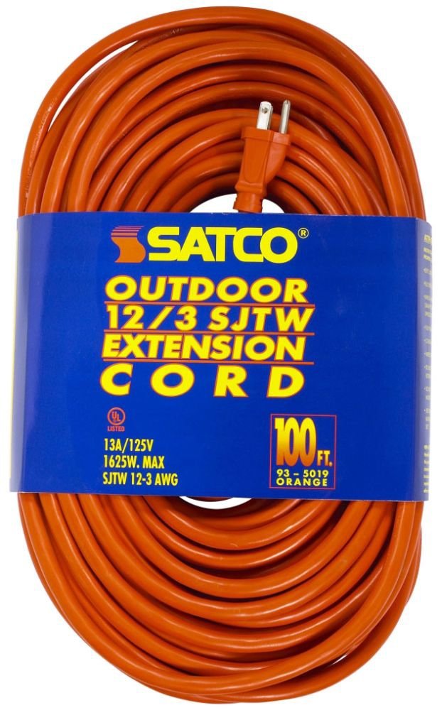 93/5019 - 100 Foot Orange Heavy Duty Outdoor Extension Cord - 12/3 Ga. SJTW-3 Orange Cord With Sleeve - 13A-125V - 1625W