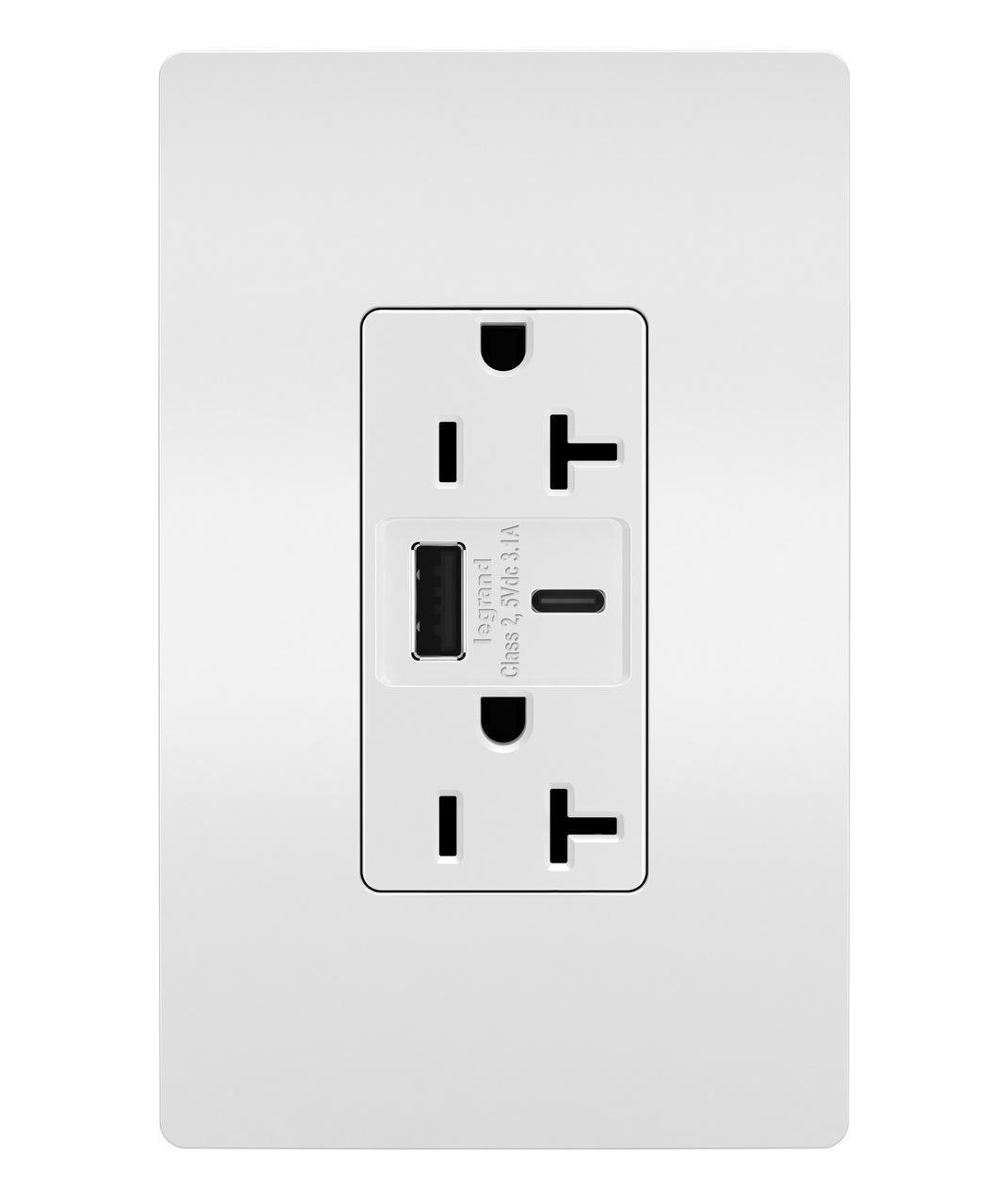 Picture of TR20USBACW - 20A 125V Tamper-Resistant Duplex Receptacle with USB A/C Charging Ports, White