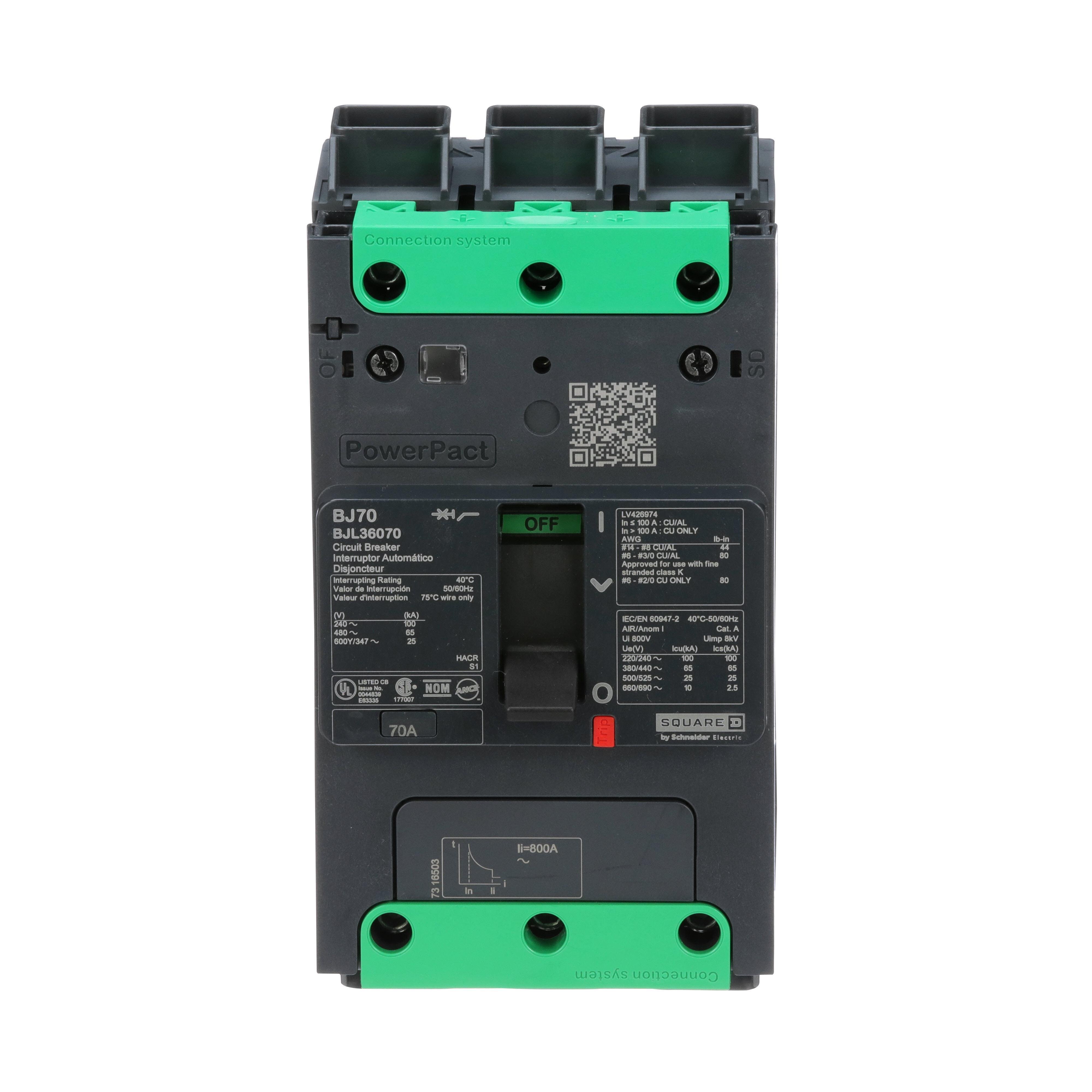 BJL36070 - Circuit breaker, PowerPacT B, 70A, 3 pole, 600Y/347VAC, 25kA, lugs, thermal magnetic, 80%