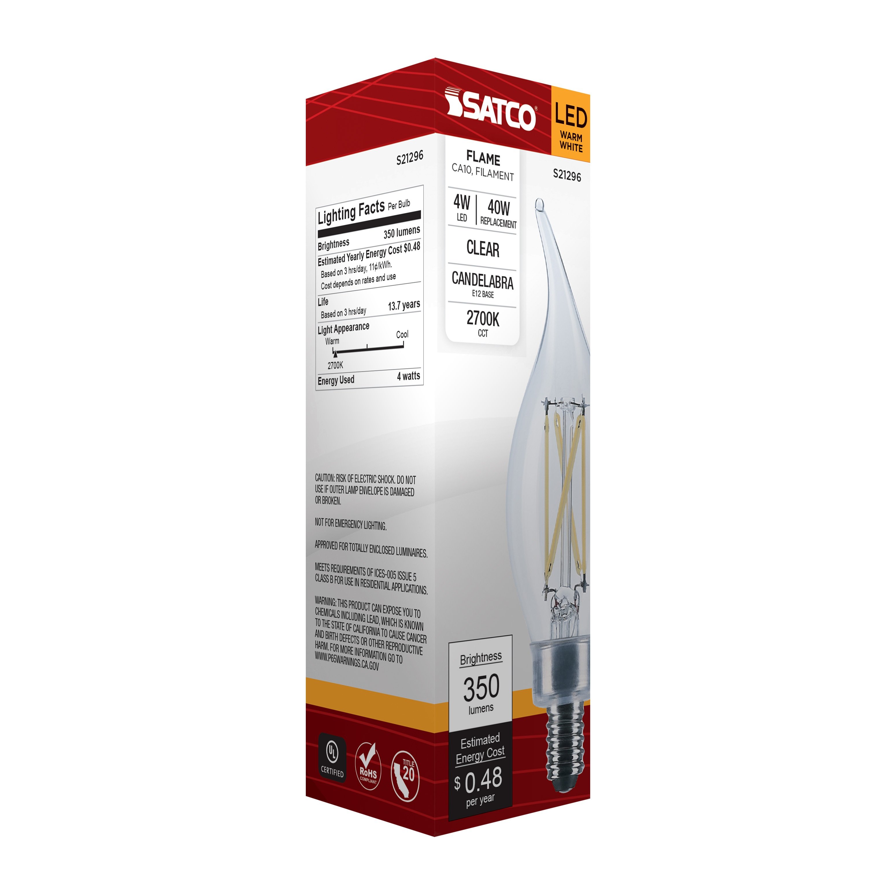 Picture of S21296 - 4 Watt CA10 LED - Clear - Candelabra base - 90 CRI - 2700K - 120 Volt