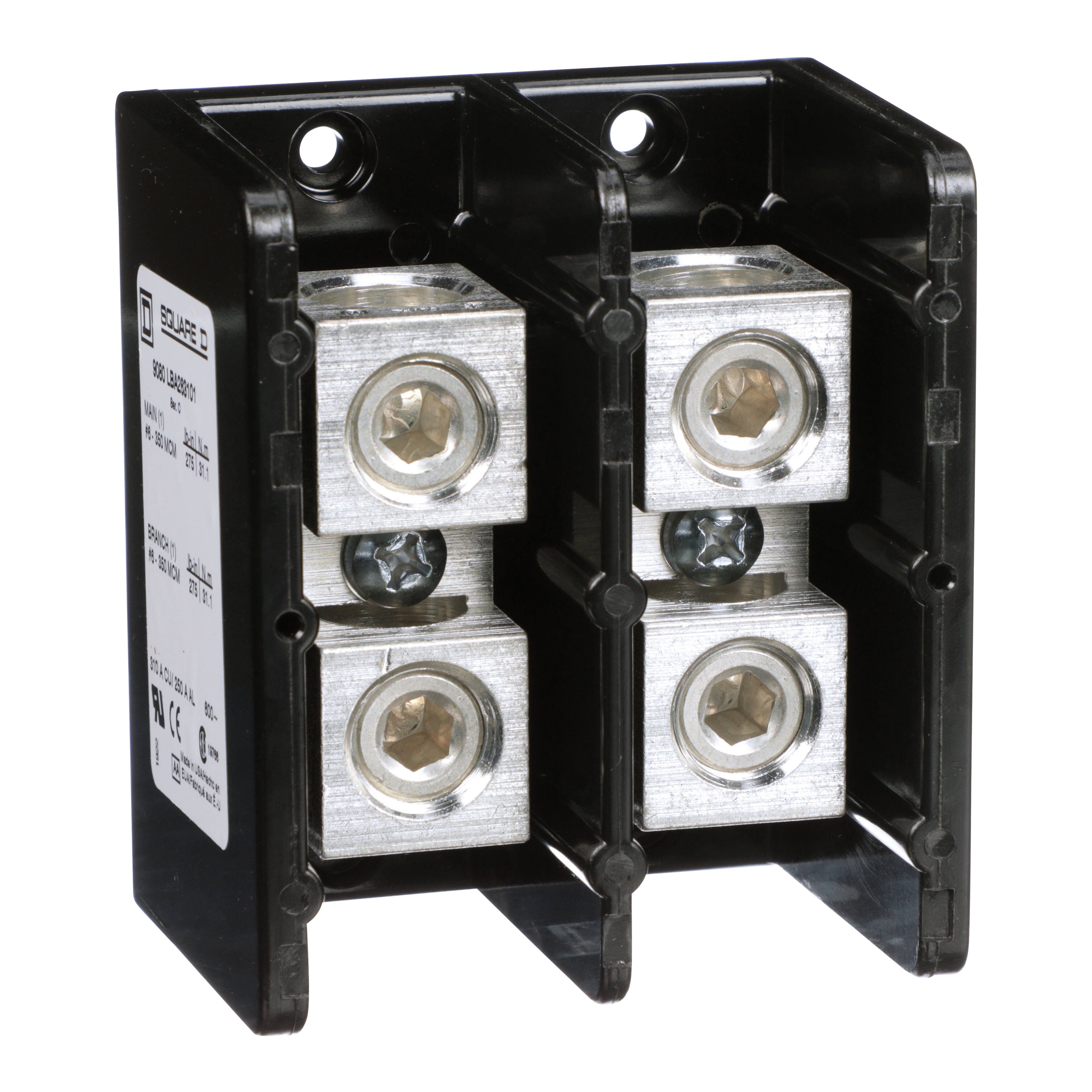 9080LBA263101 - Power distribution block, Linergy, 2 pole, 1 line, 1 load, 310 Cu, 250A Al, 600V