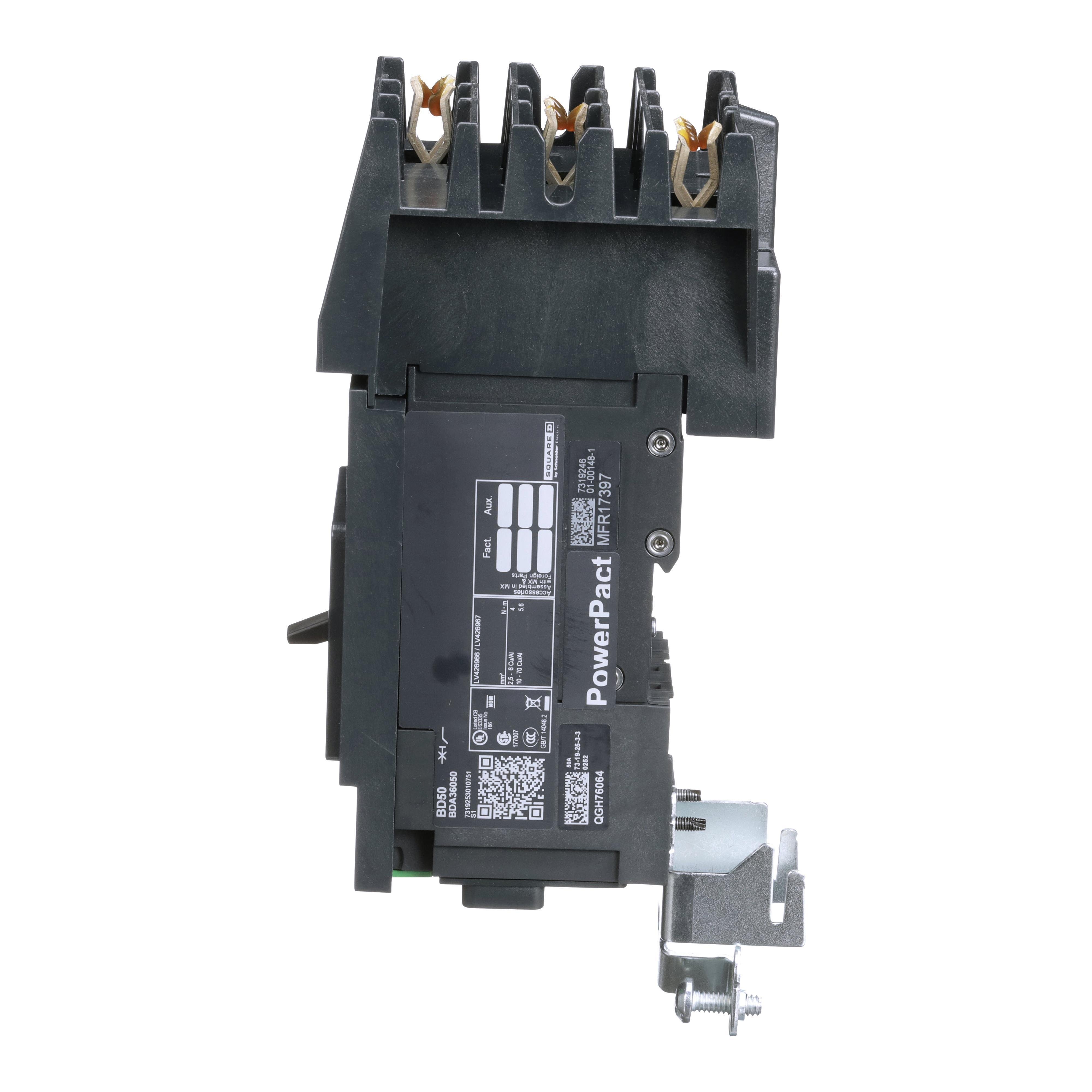 Picture of BDA36050 - Circuit breaker, PowerPacT B, 50A, 3 pole, 600Y/347VAC, 14kA, I-Line, thermal magnetic, 80%, ABC