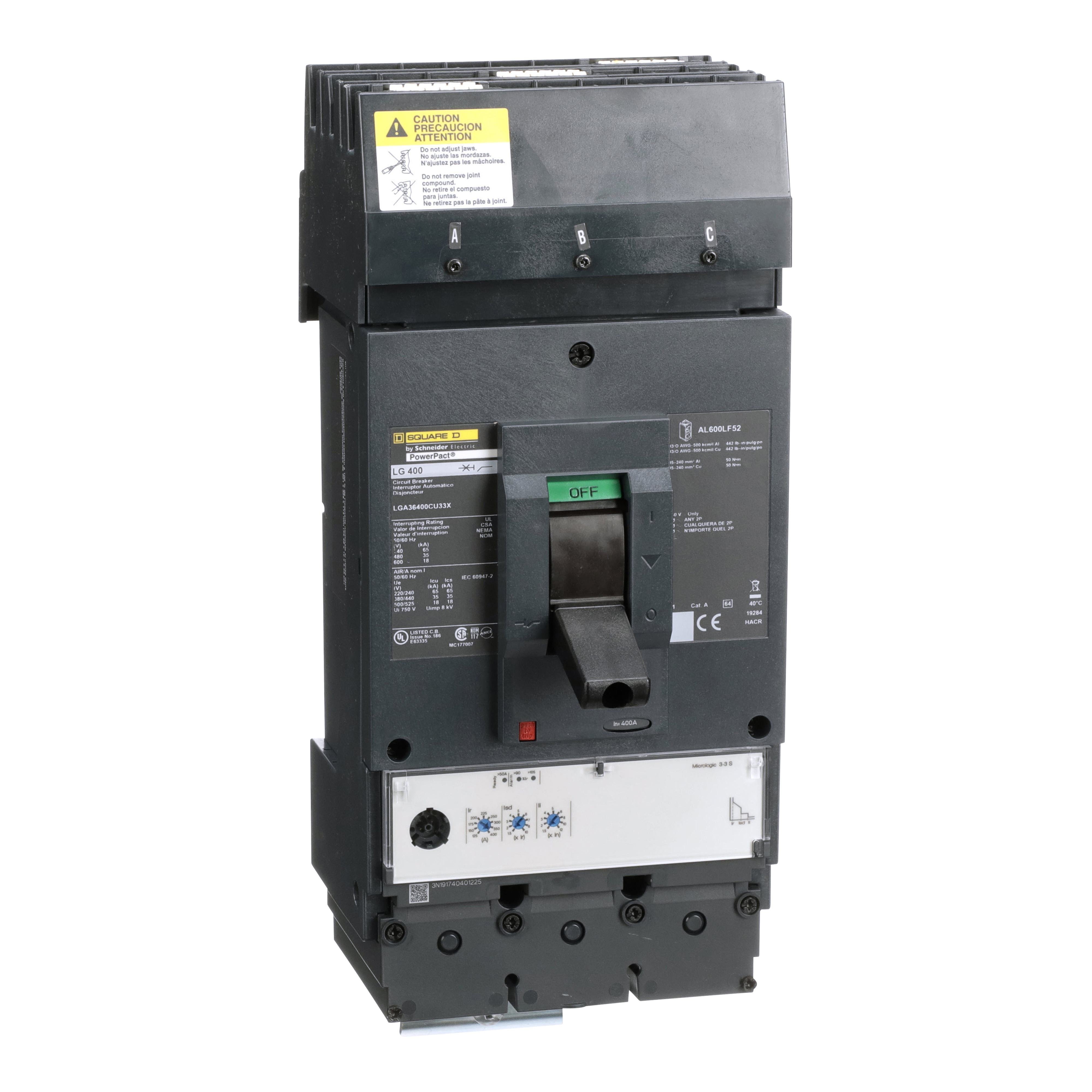 LGA36400CU33X - Circuit breaker, PowerPacT L, 400A, 3 pole, 600VAC, 18kA, I-Line, Micrologic 3.3S, 100%, ABC