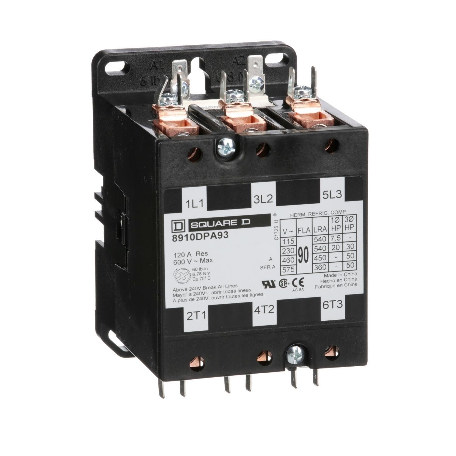 8910DPA93V14 - Contactor, Definite Purpose, 90A, 3 pole, 50HP at 575VAC, 3 phase, 24/24VAC 50/60Hz coil, open