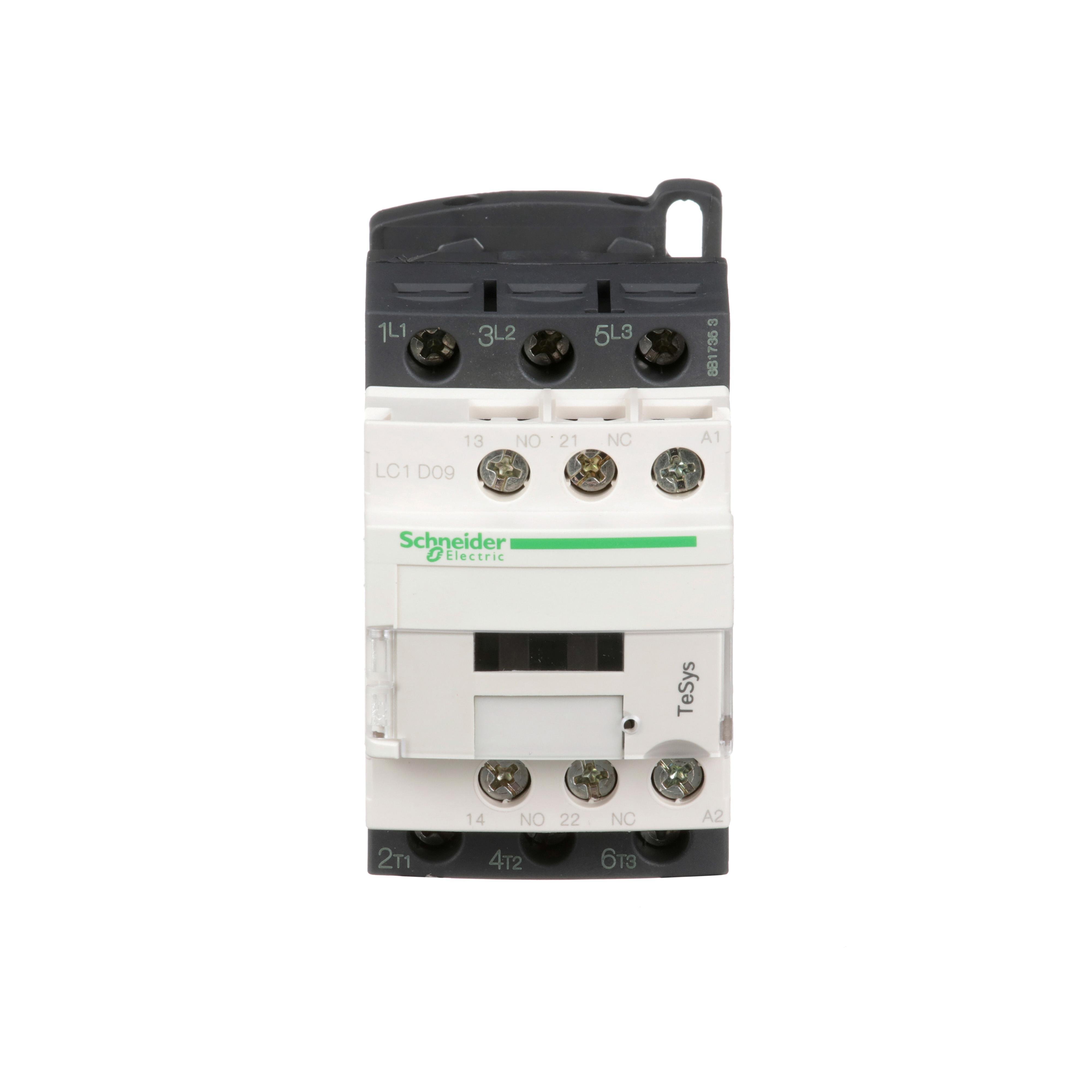 LC1D09G7 - IEC contactor, TeSys Deca, nonreversing, 9A, 5HP at 480VAC, up to 100kA SCCR, 3 phase, 3 NO, 120VAC 50/60Hz coil, open style