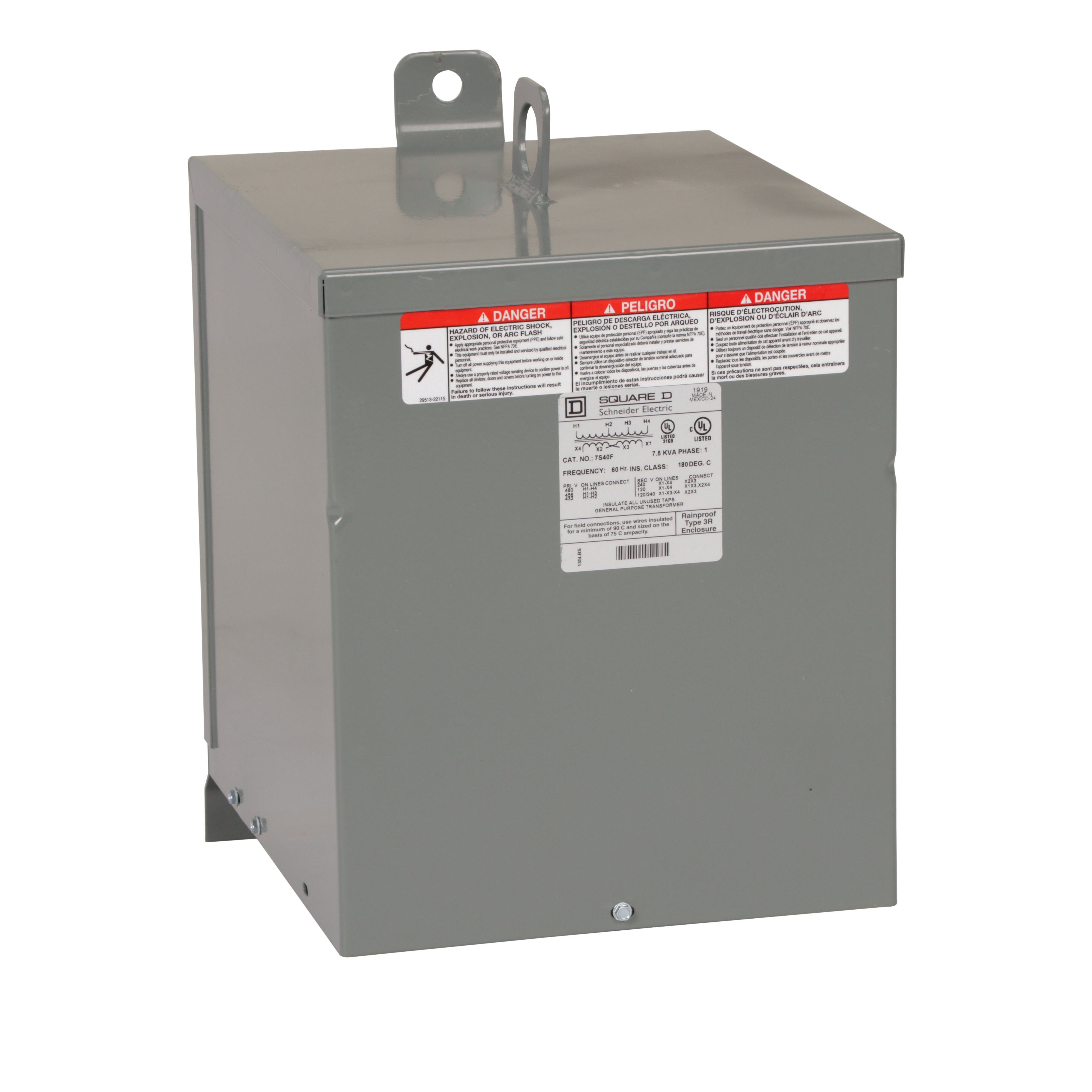Picture of 7S40F - Transformer, dry type, encapsulated, 7.5kVA, 1 phase, 480V primary, 120/240V secondary, 13B, 115C rise [TAA]