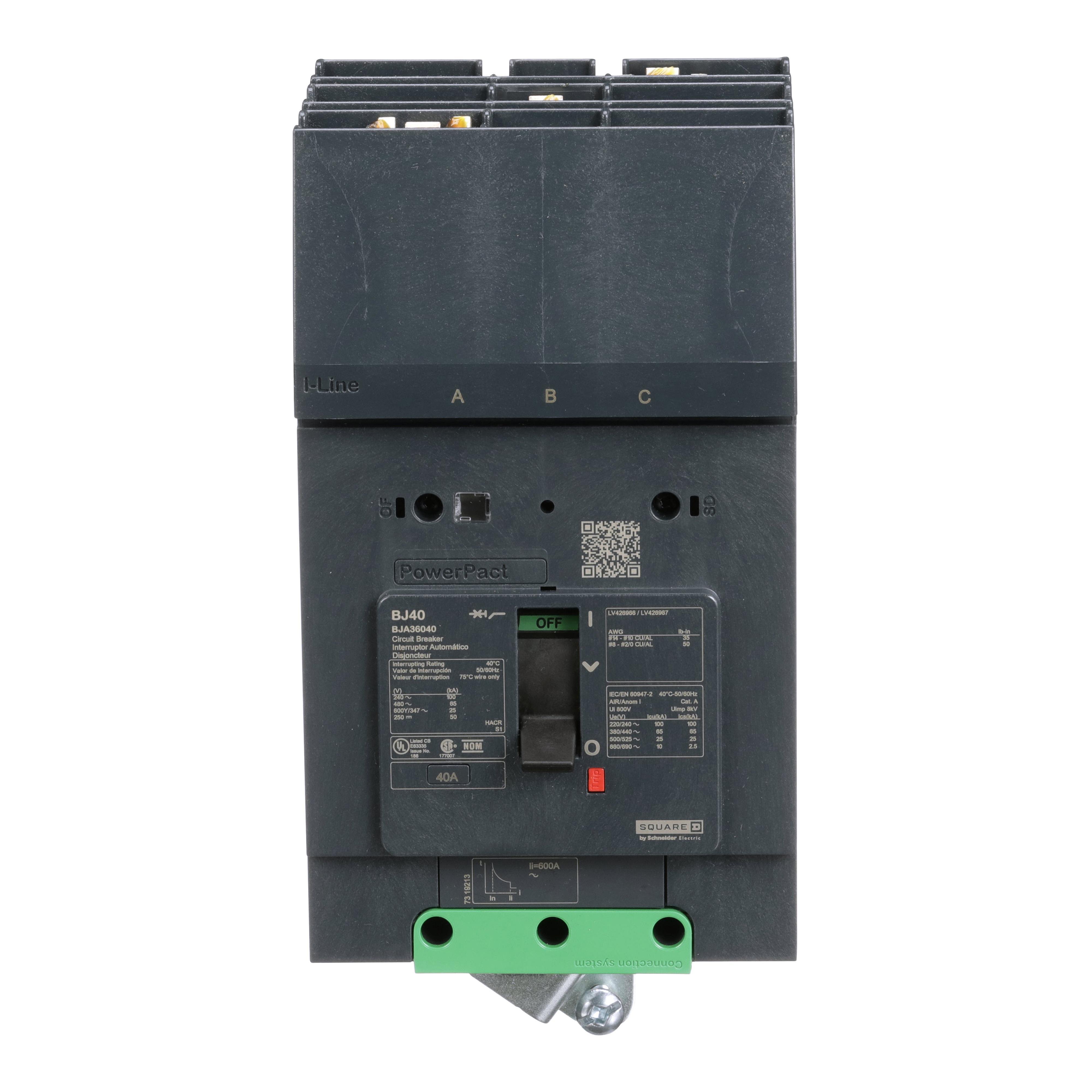Picture of BJA36040 - Circuit breaker, PowerPacT B, 40A, 3 pole, 600Y/347VAC, 25kA, I-Line, thermal magnetic, 80%, ABC