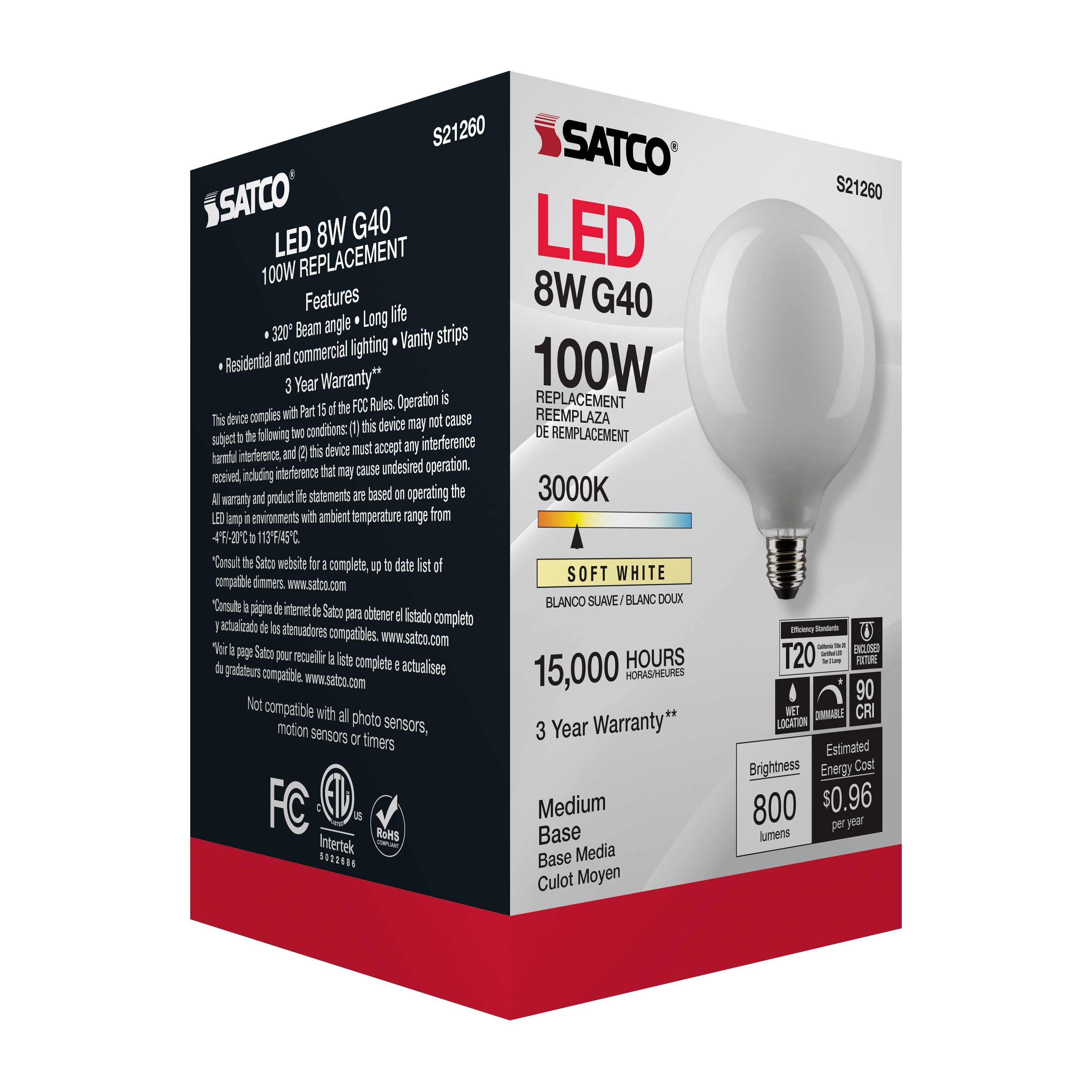 Picture of S21260 - 8 Watt G40 LED - White - Medium base - 90 CRI - 3000K - 120 Volt
