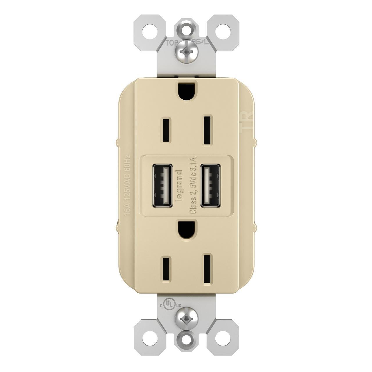 TM826USBI - radiant® 15A Tamper-Resistant USB Outlet, Ivory