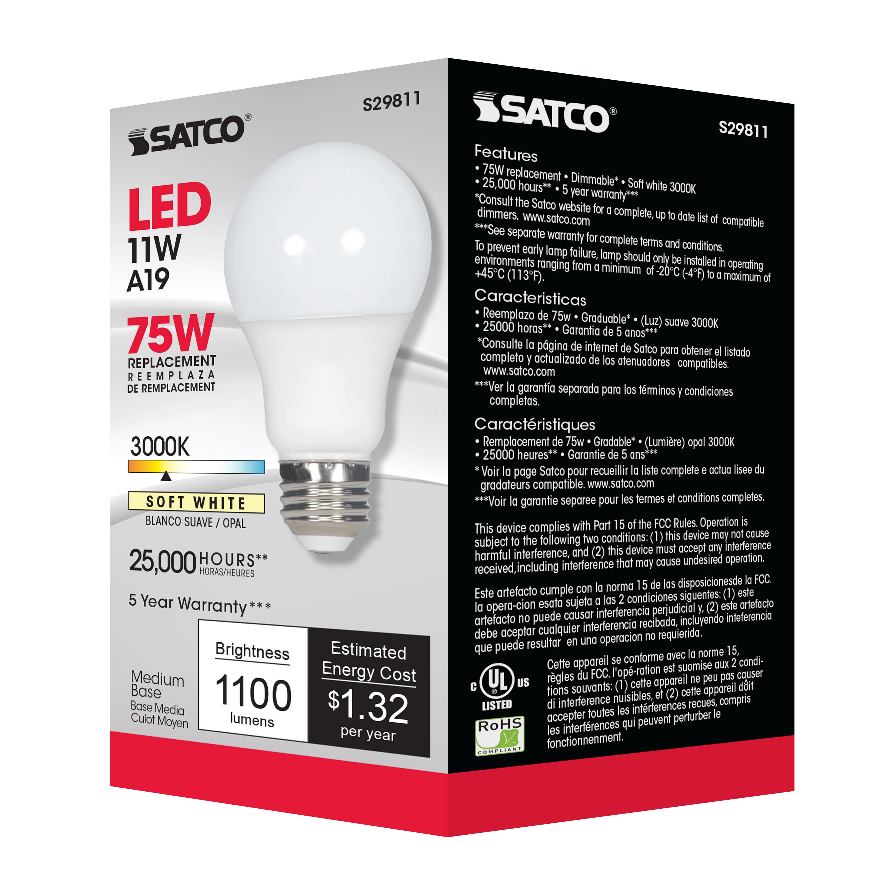 Picture of S29811 - 11 Watt - A19 LED - 3000K - Medium base - 220 deg. Beam Angle - 120 Volt