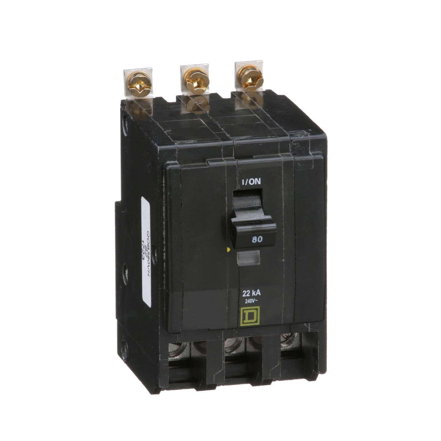 Picture of QOB380VH - Mini circuit breaker, QO, 80A, 3 pole, 120/240VAC, 22kA, bolt on