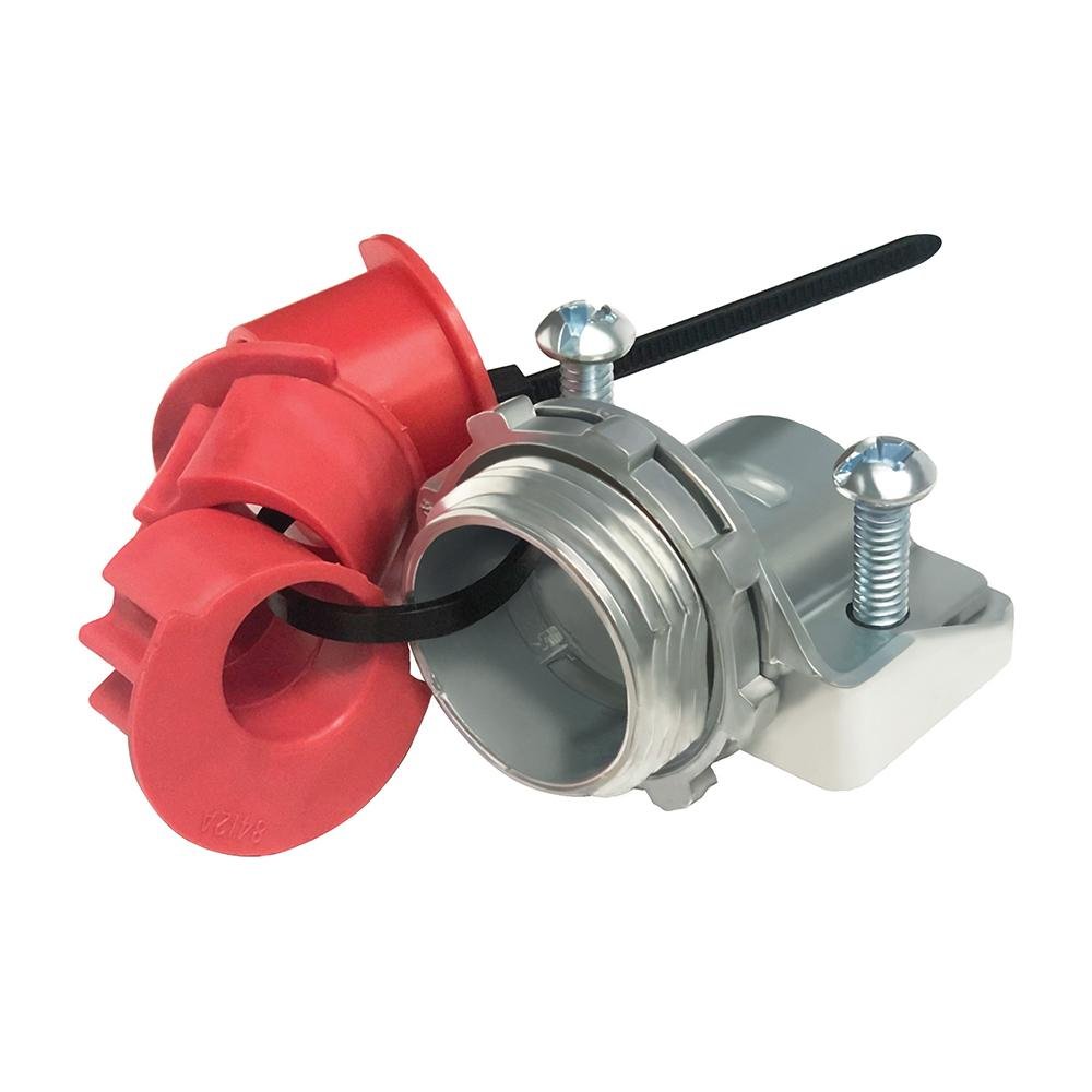 8415 - For steel and aluminum cable, Zinc die-cast MC feeder cable connector with a steel strap. Including an end stop that comes with additional end stop bushings for a wider range of cables. Secures into a 2" knockout with a steel locknut. Concrete tigh