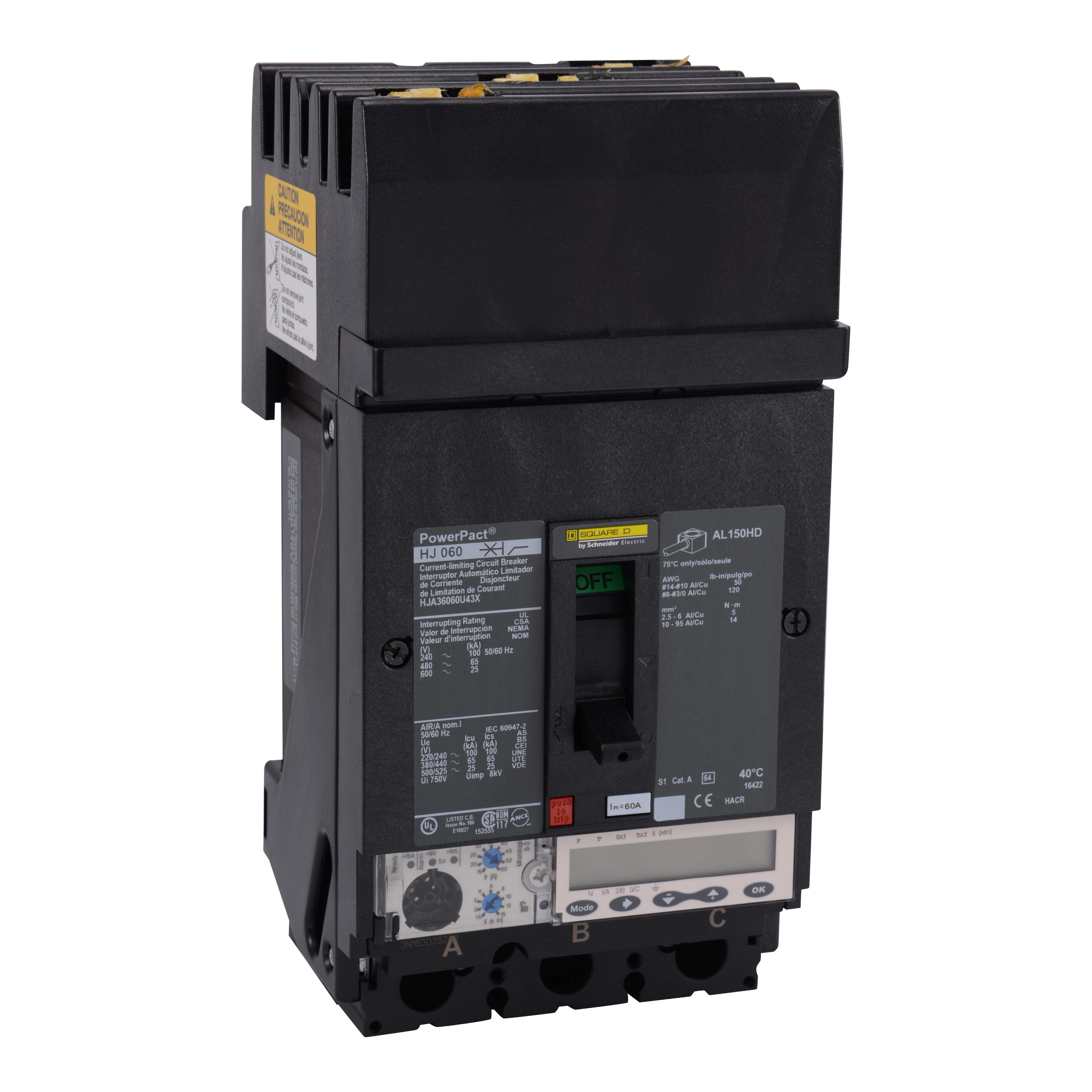 HJA36060U43X - Circuit breaker, PowerPacT H, 60A, 3 pole, 600VAC, 25kA, I-Line, Micrologic 5.2A, 80%, ABC
