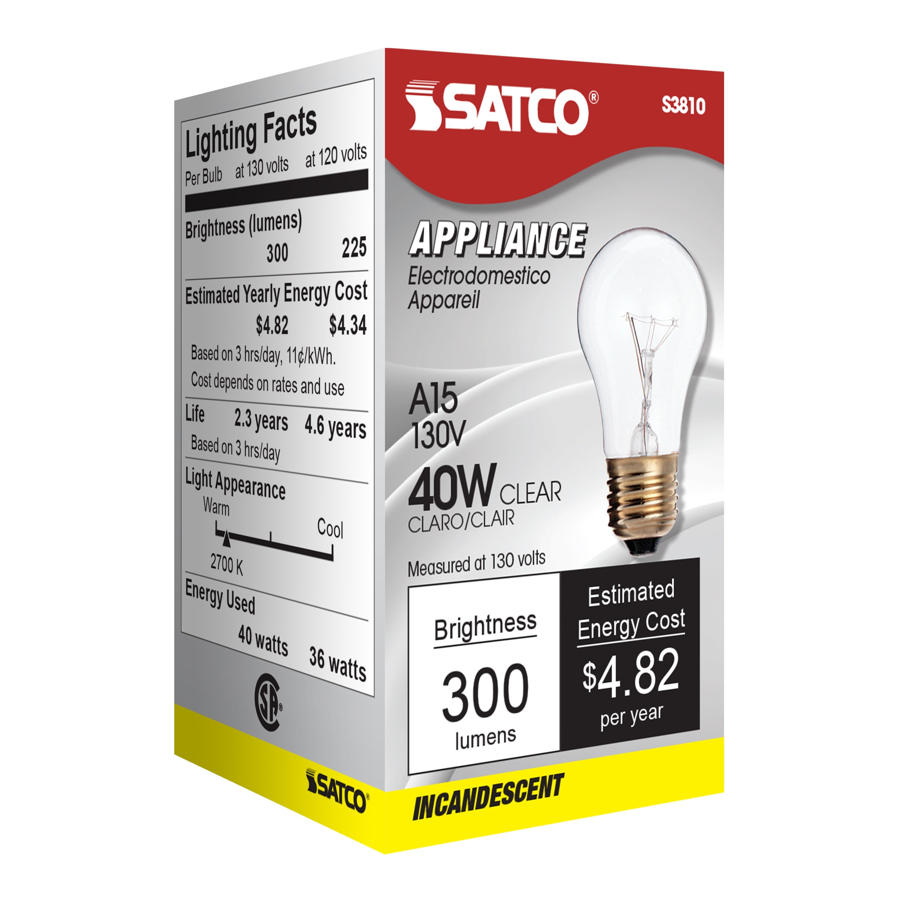 Picture of S3810 - 40 Watt A15 Incandescent - Clear - Appliance Lamp - 2500 Average rated hours - 300/225 Lumens - Medium base - 130/120 Volt