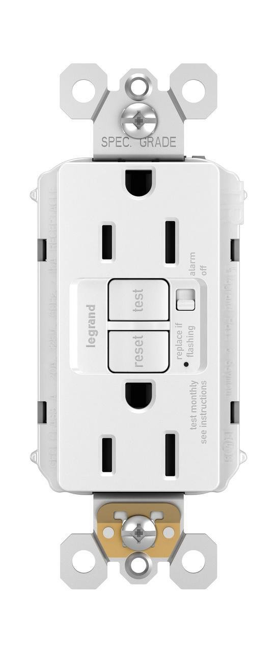 1597-TRAW - radiant® Tamper-Resistant 15A Duplex Self-Test GFCI Receptacles with Audible Alarm and SafeLock® Protection, White
